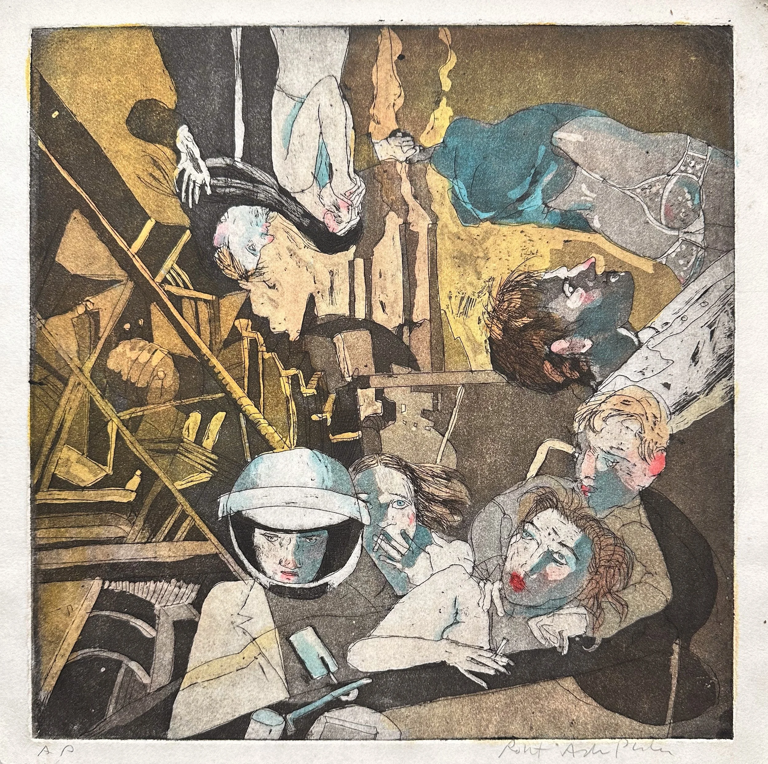 Love in All Directions - hand tinted monoprint - 11 3/4"H x 11 3/4"W