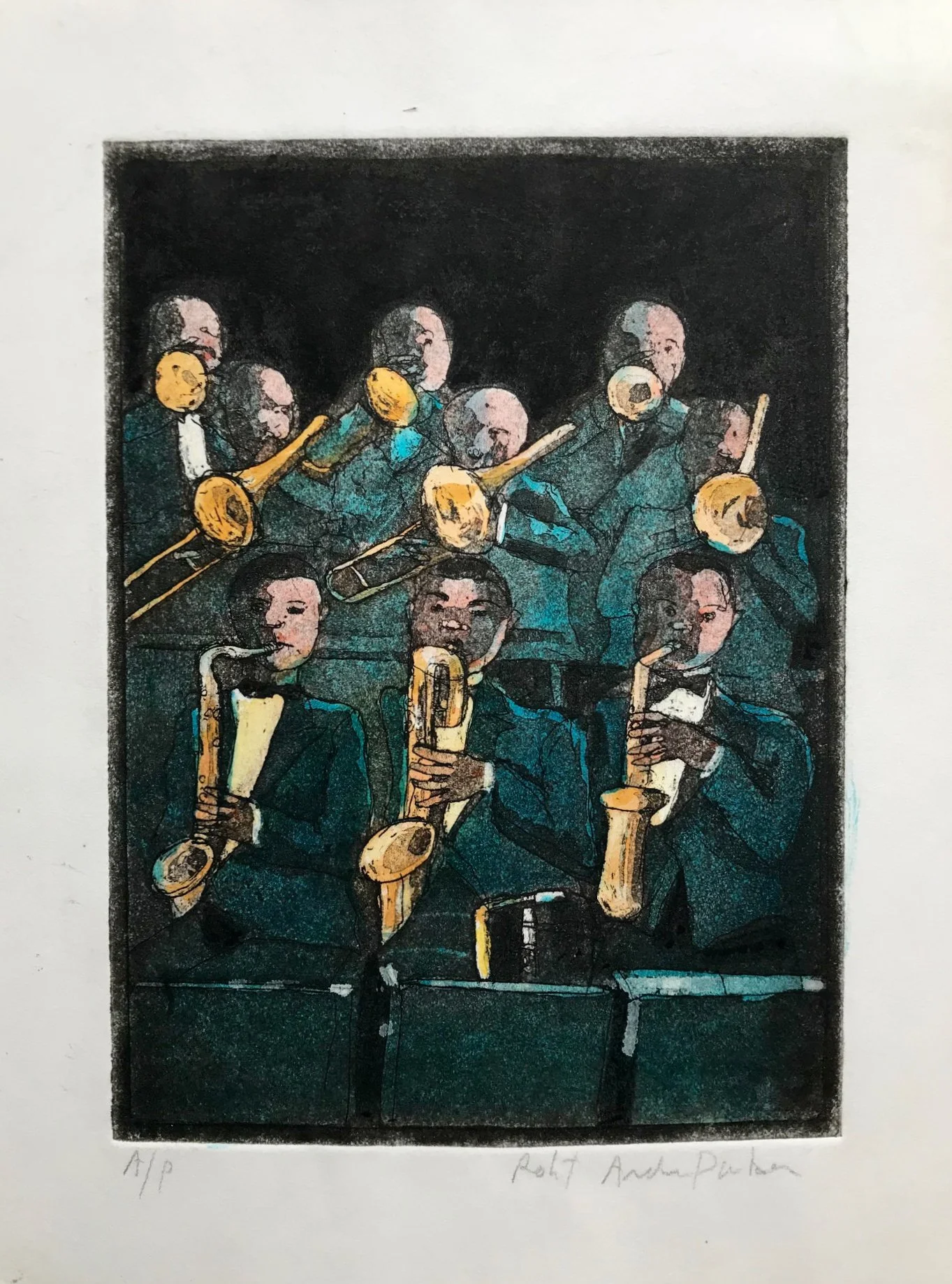 The Orchestra - hand tinted monoprint - 10"H x 7"W
