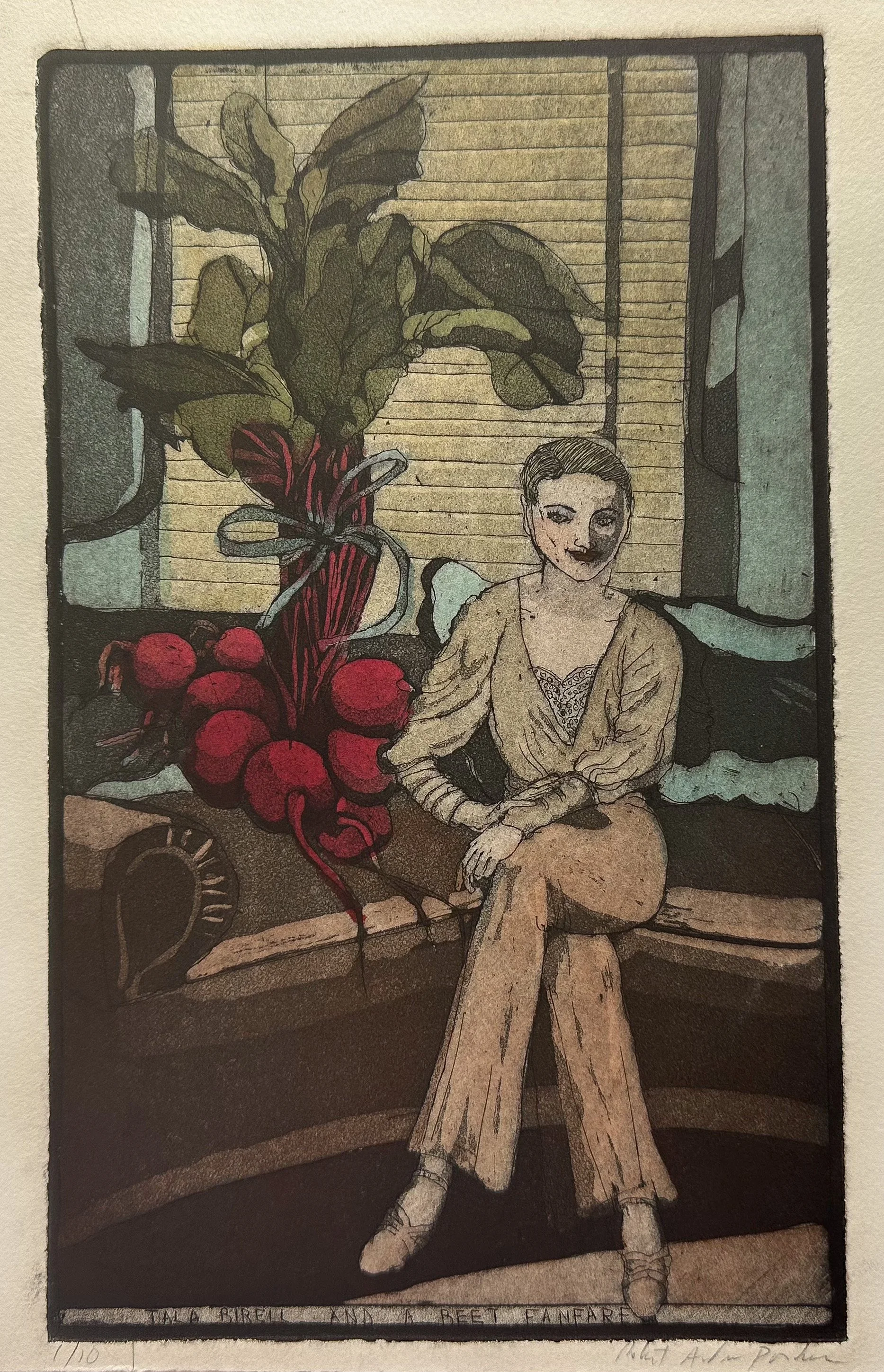 Tara Birrell and a Beet Fanfare - hand tinted monoprint - 10 1/2"H x 7"W