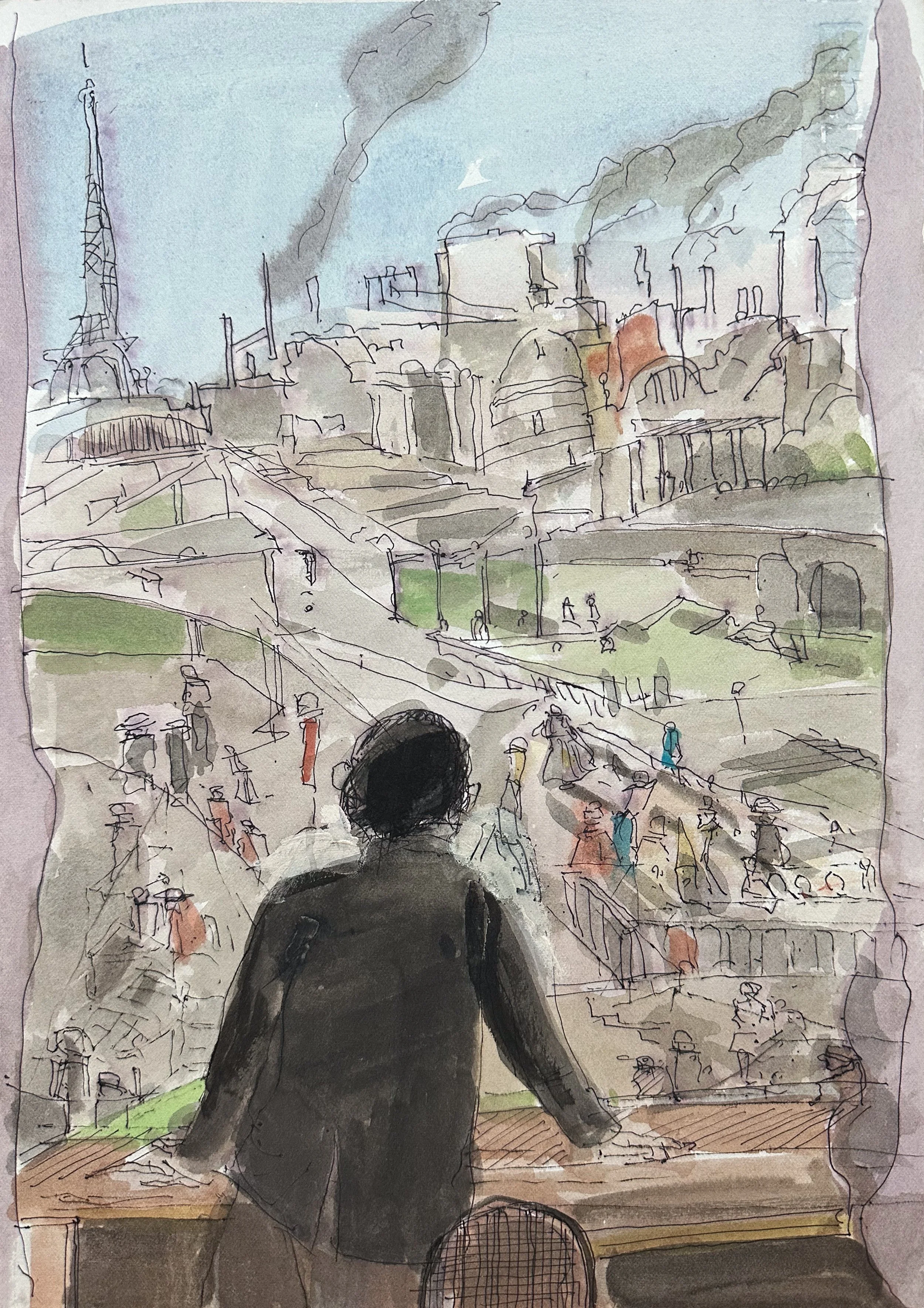 Looking Out Over the City - watercolor on paper - 12 3/4"H x 9"W 