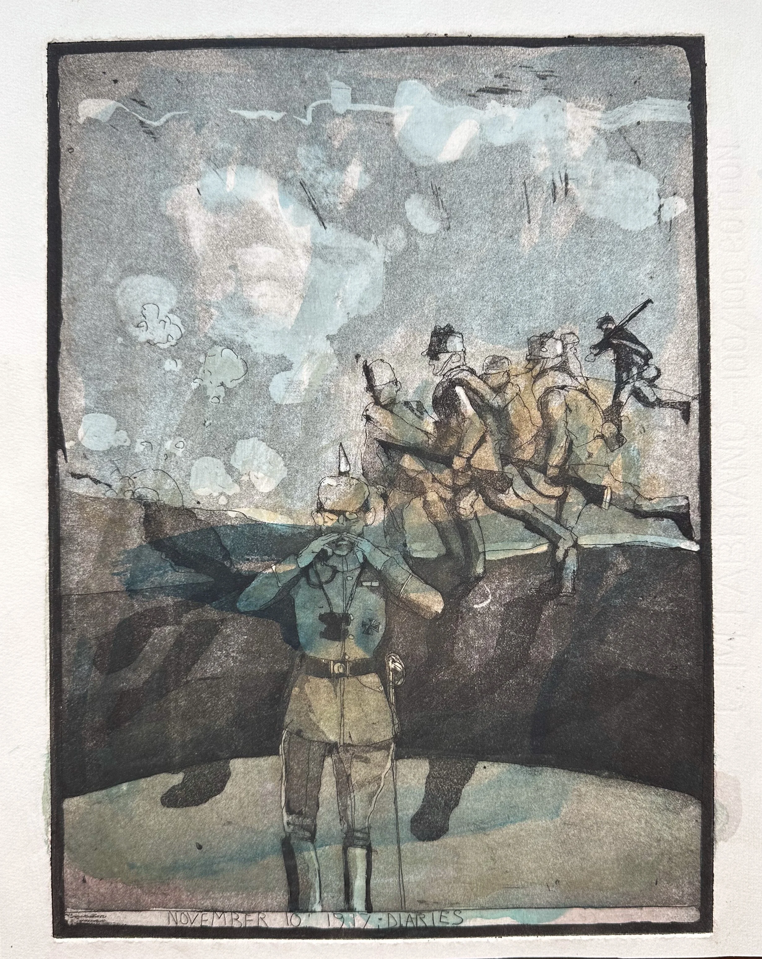 November 10, 1917: Diaries - hand tinted monoprint - 13"H x 10 1/4"W