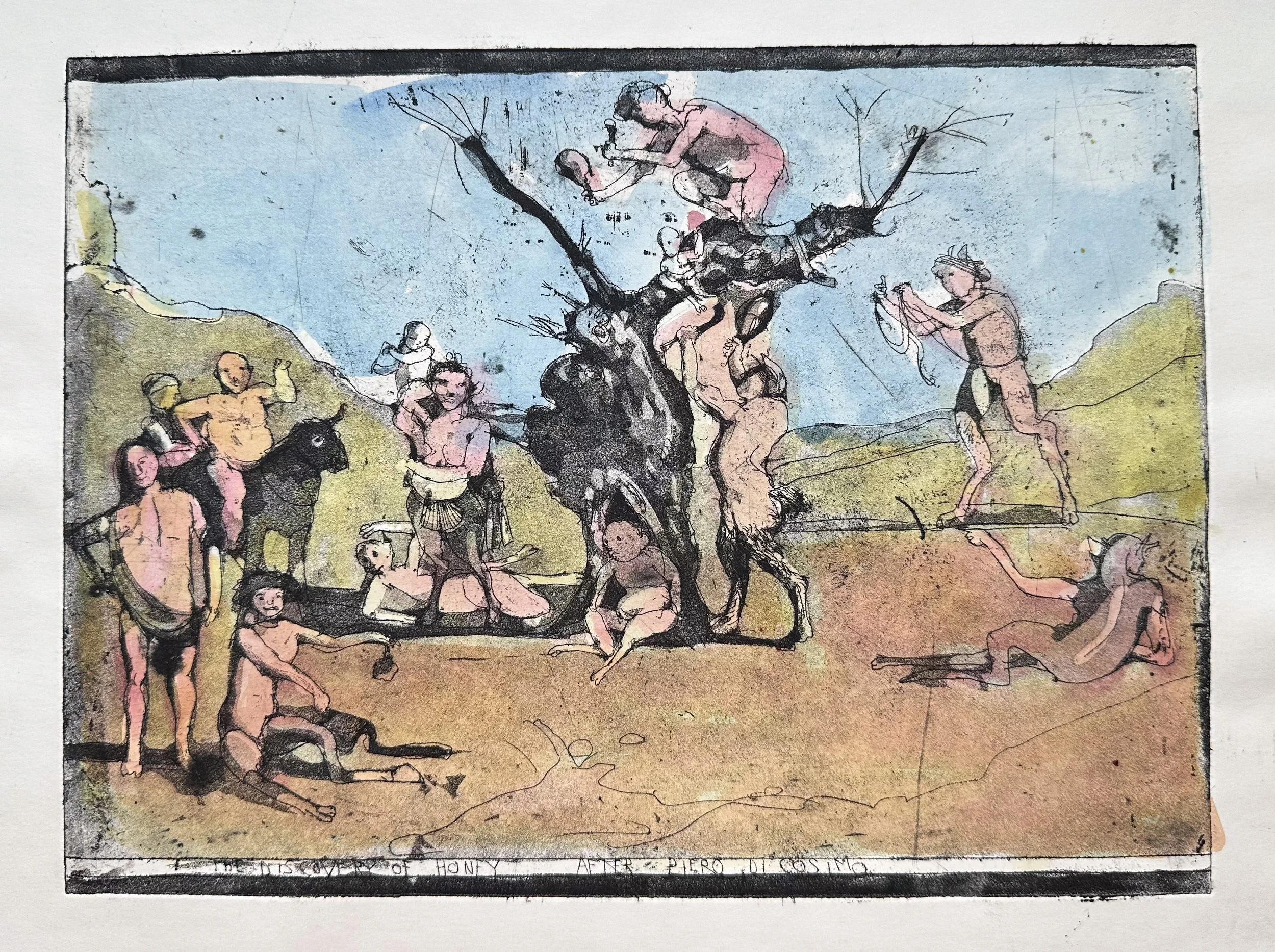The Discovery of Honey (After Piero di Cosimo) - hand tinted monoprint - 11"H x 14"W  