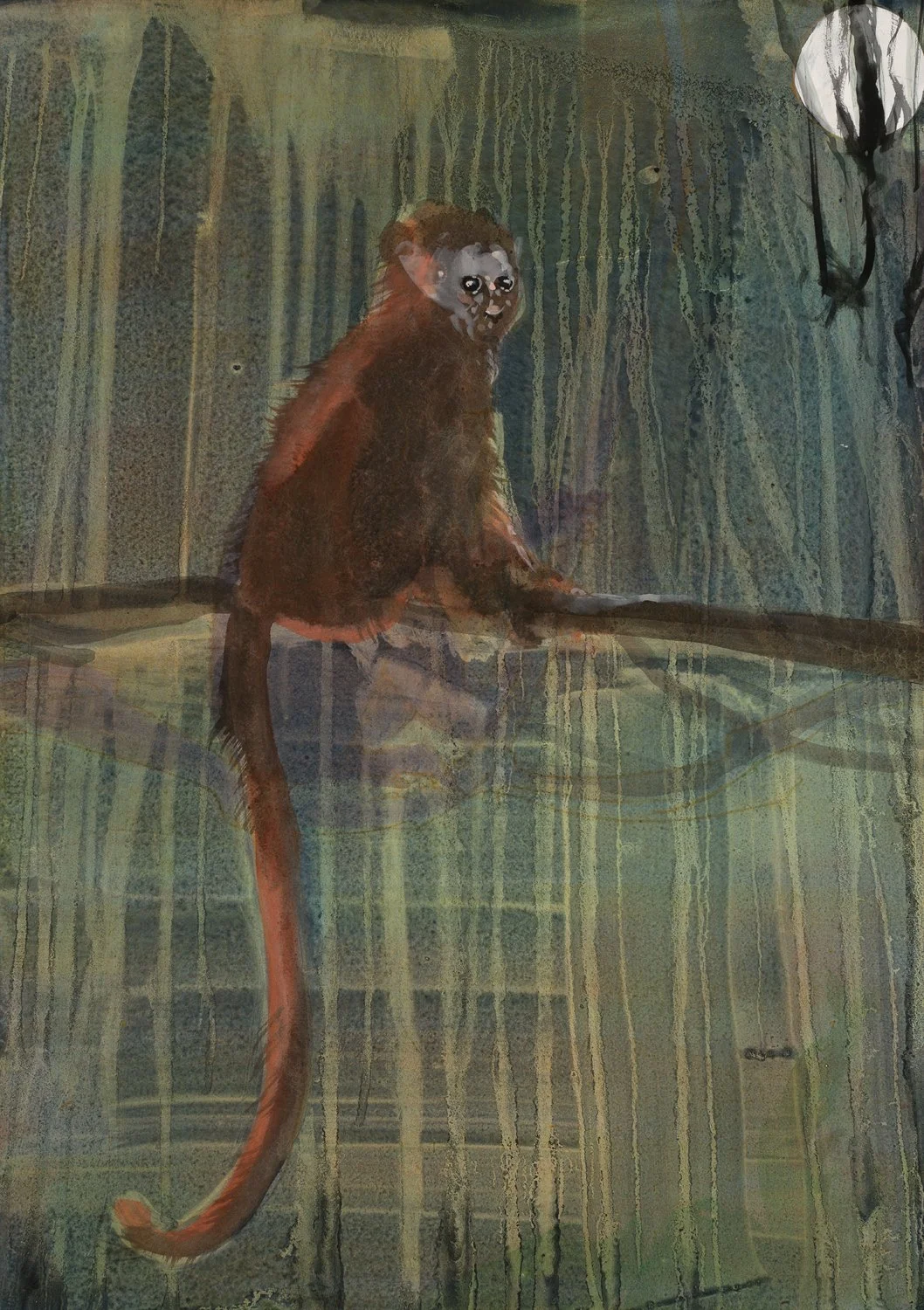 Monkey on Branch in Full Moon - acrylic on paper - 33"H x 24"W