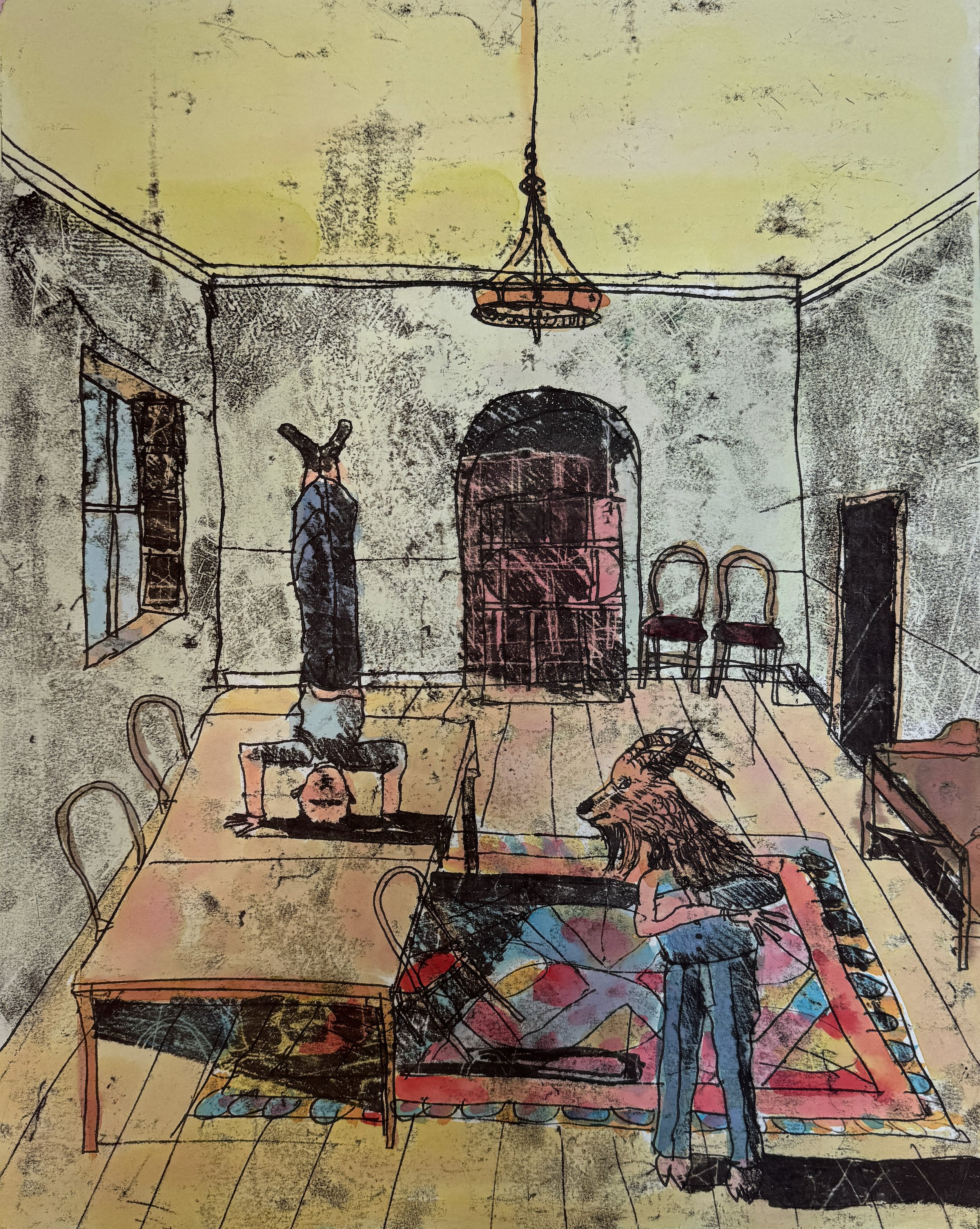 Man Standing on Head - monotype on paper 