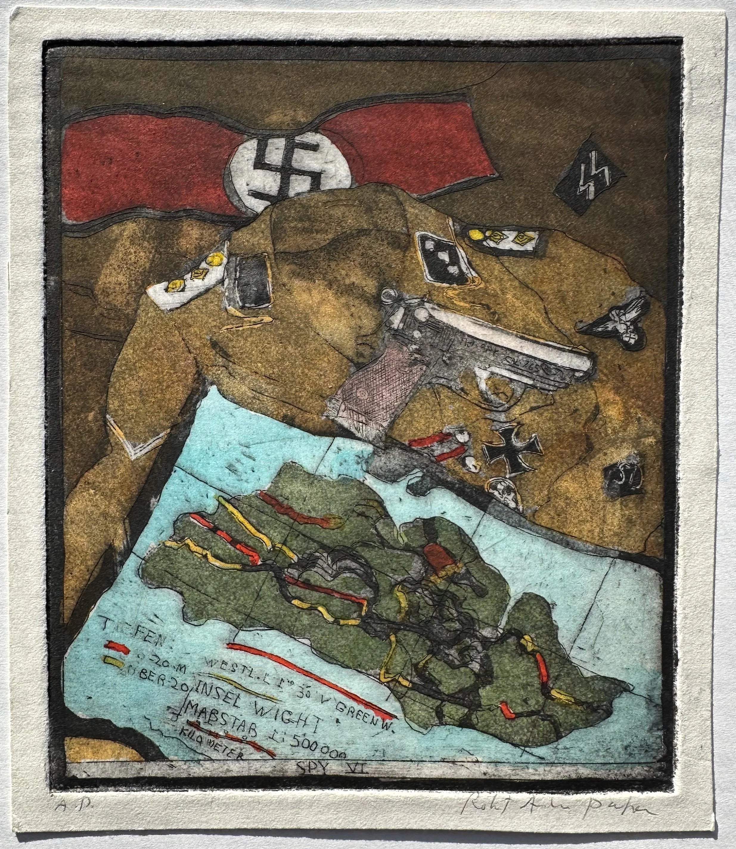 Spy VI - hand tinted monoprint - 6 1/4"H x 5 1/2"W