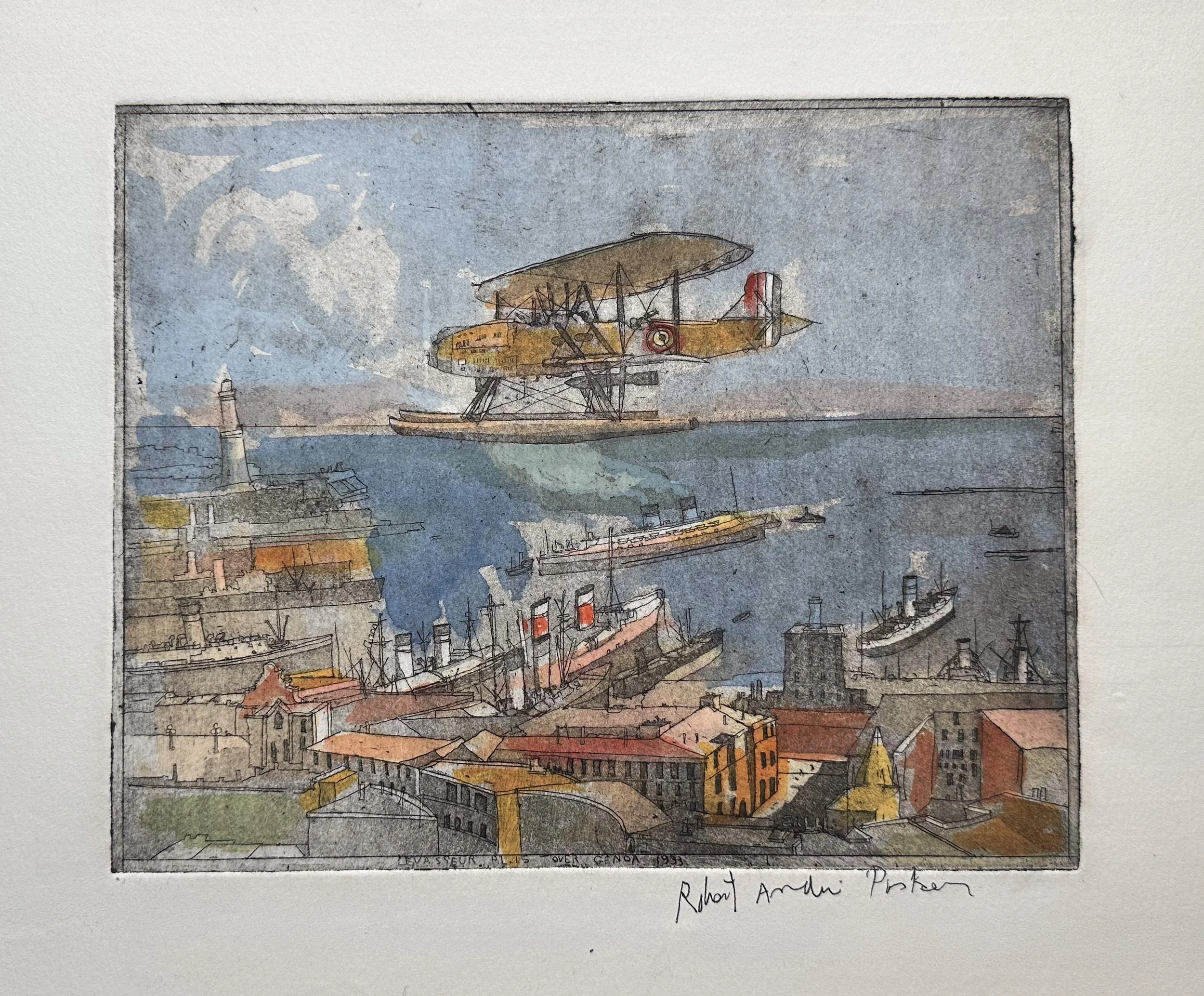 Levasseur PL.15 Over Genoa, 1933 - hand tinted monoprint - art 8"H x 10"W - border 13 1/2"H x 16"W 