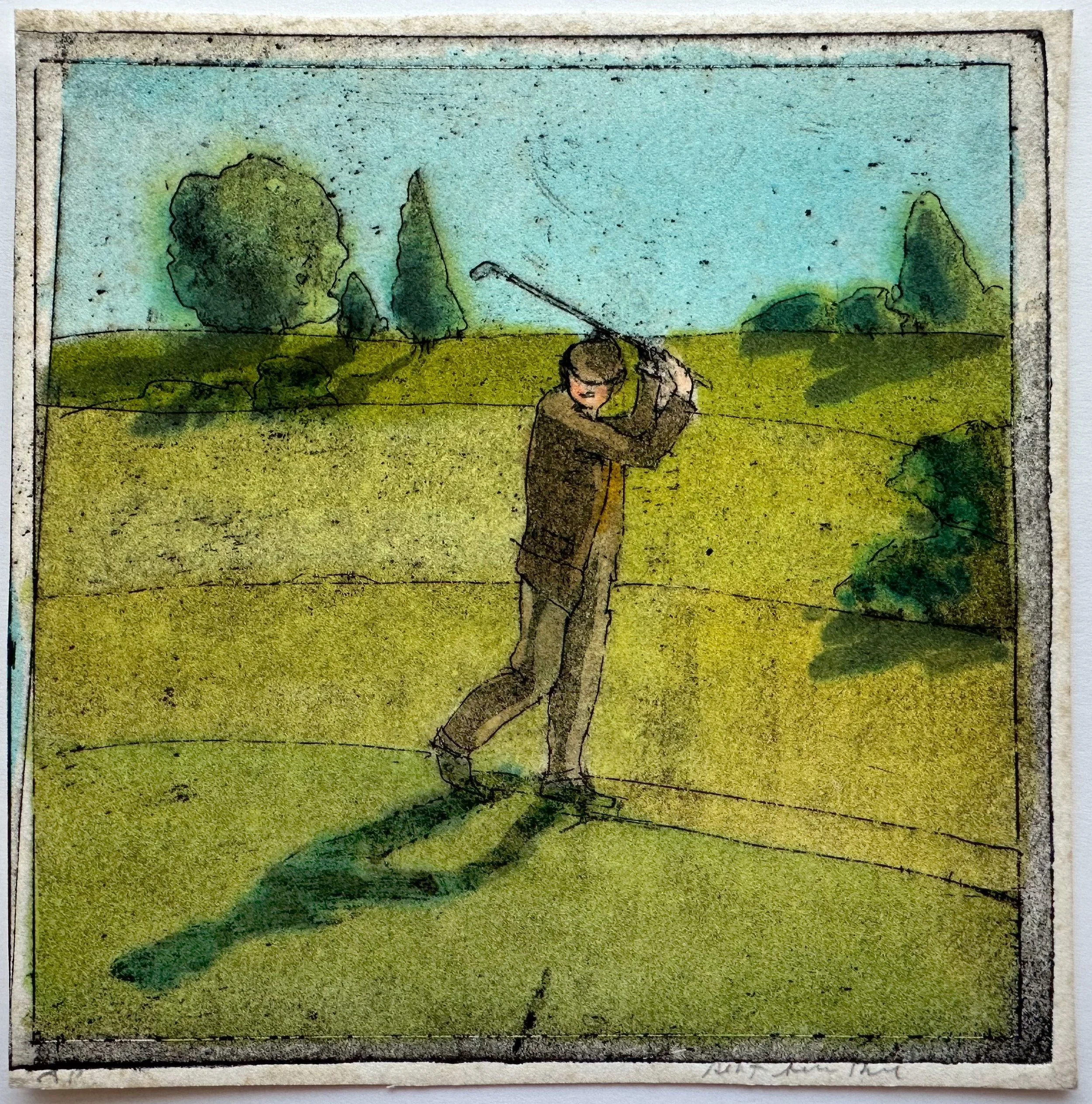 Golfing in 1919 - hand tinted monoprint - 6"H x 6"W