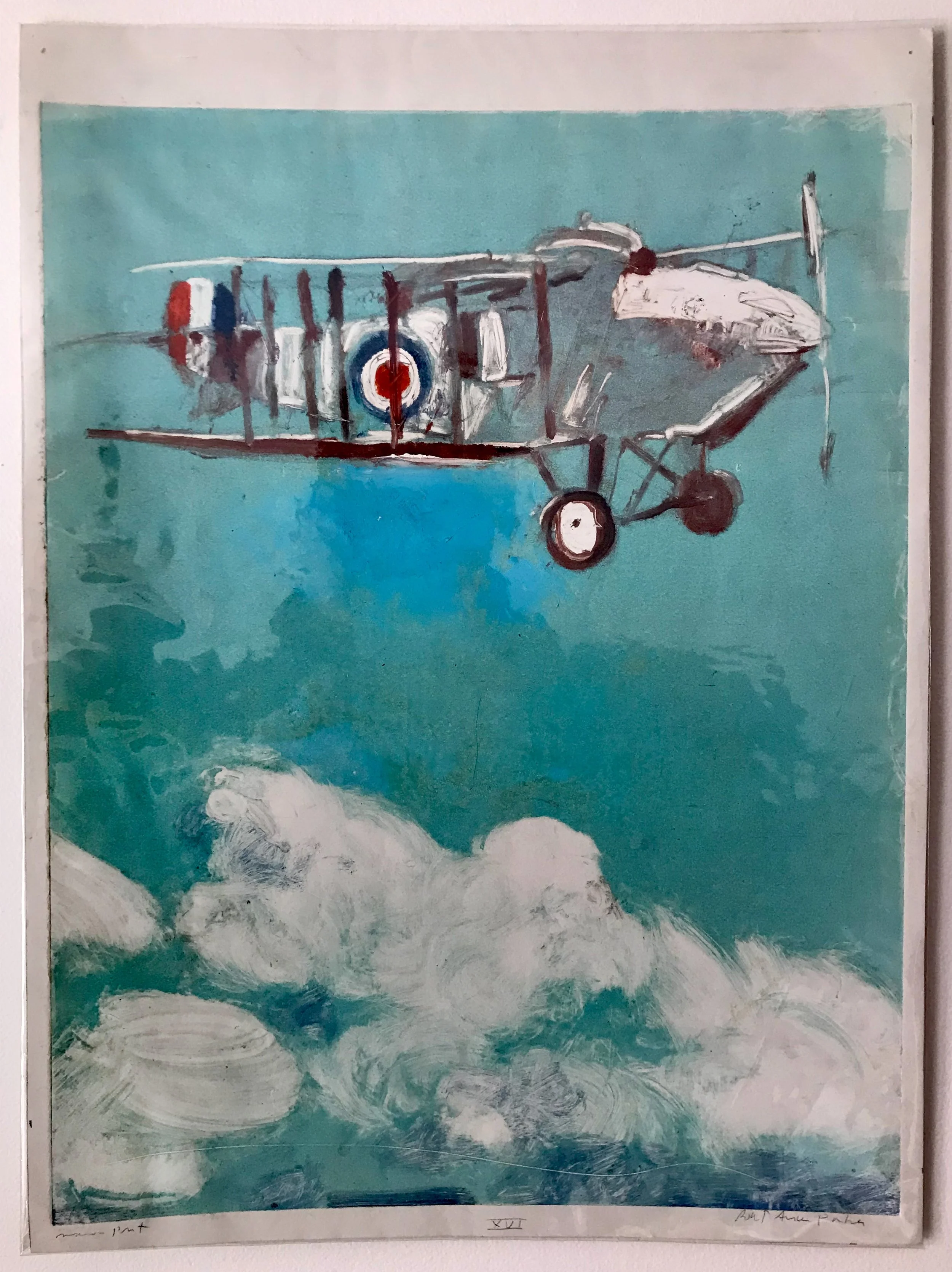 WWI Airplane - monoprint on paper - 19"H x 14 1/2"W