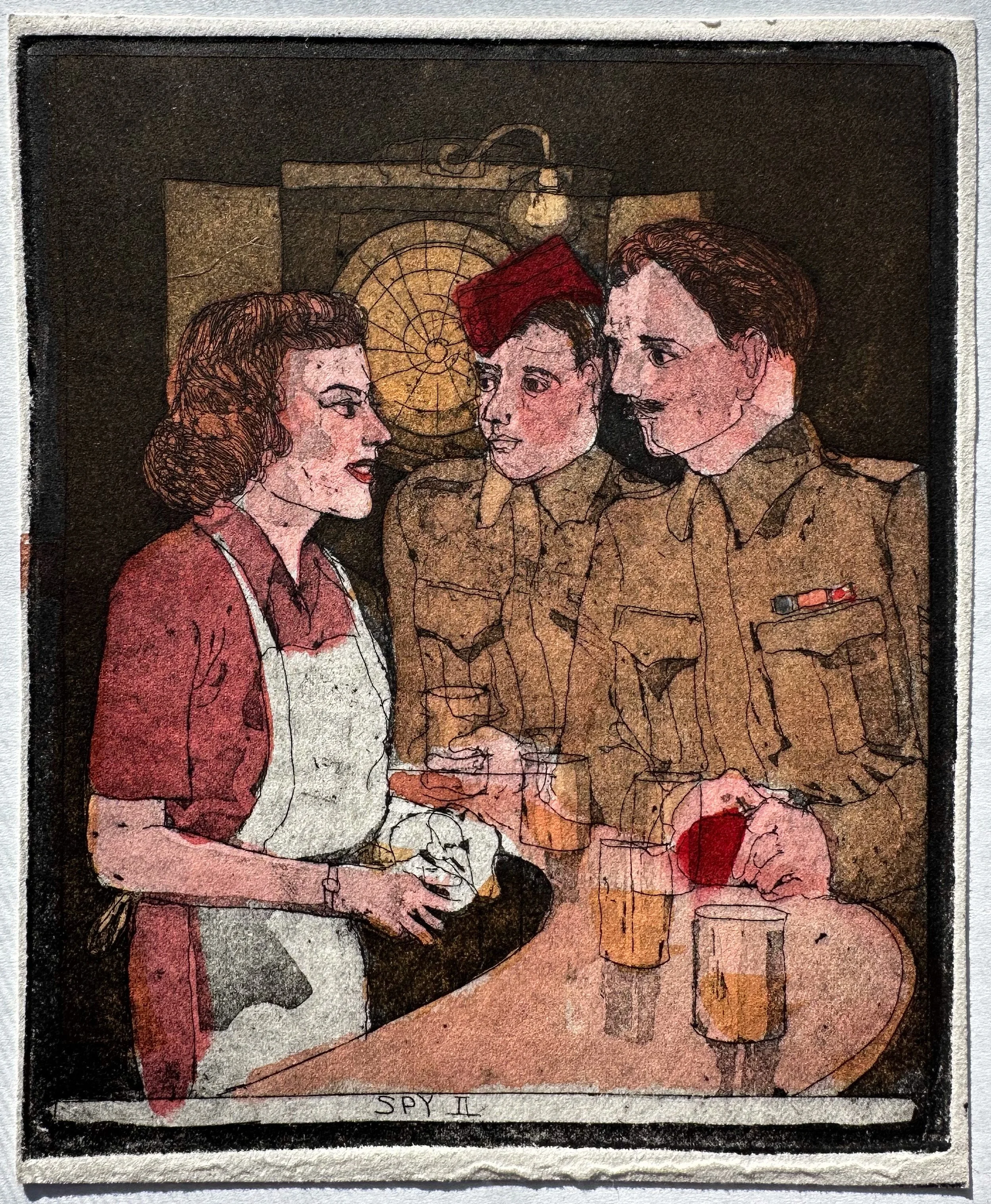 Spy II - hand tinted monoprint - 6"H x 5"W