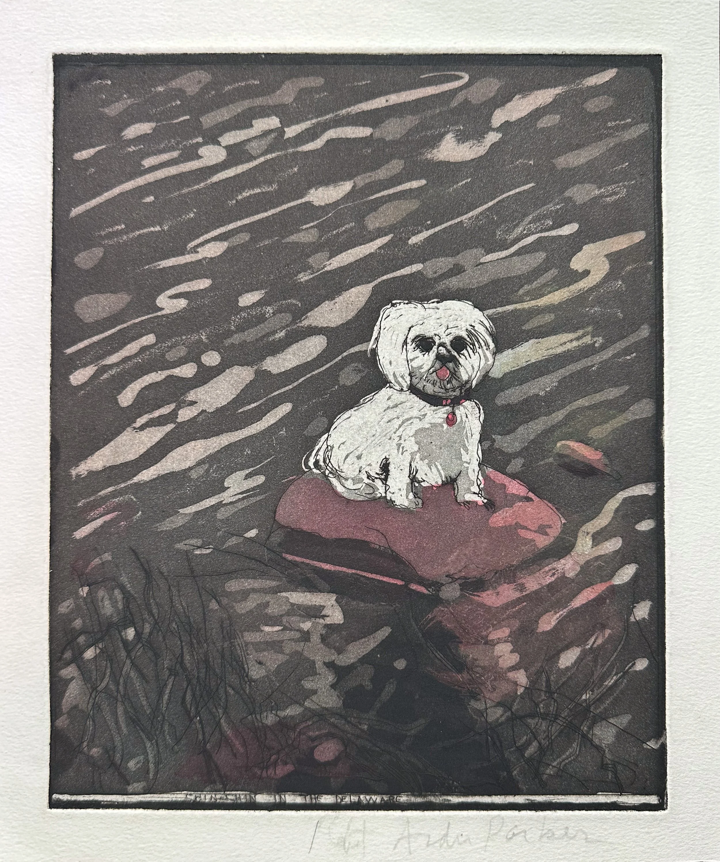 Chin Chin in the Delaware - hand tinted monoprint - 12"H x 10"W - image 9 3/4"H x 7 3/4" 