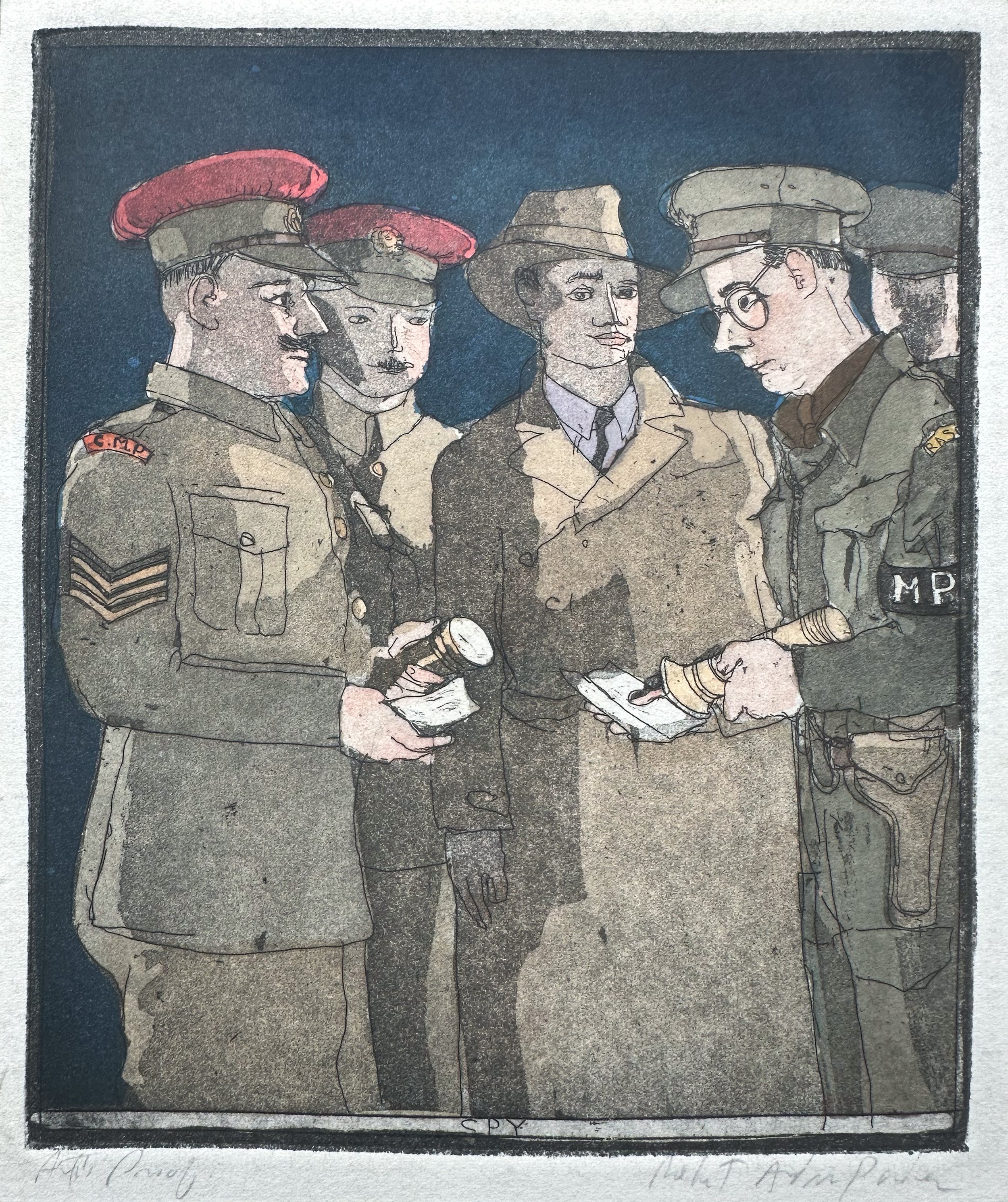Spy - hand tinted monoprint - 6 1/2"H x 5 1/2"W