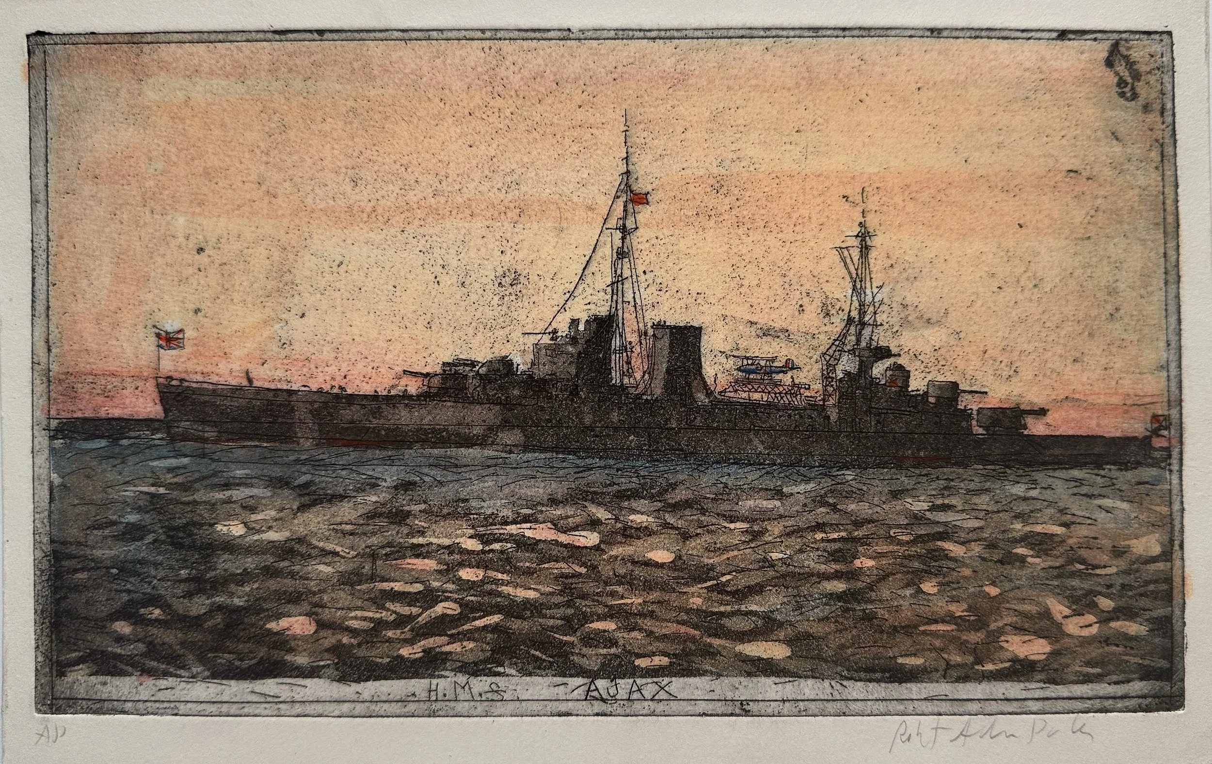 HMS Ajax - hand tinted monoprint - 6 1/2"H x 10 3/4"W