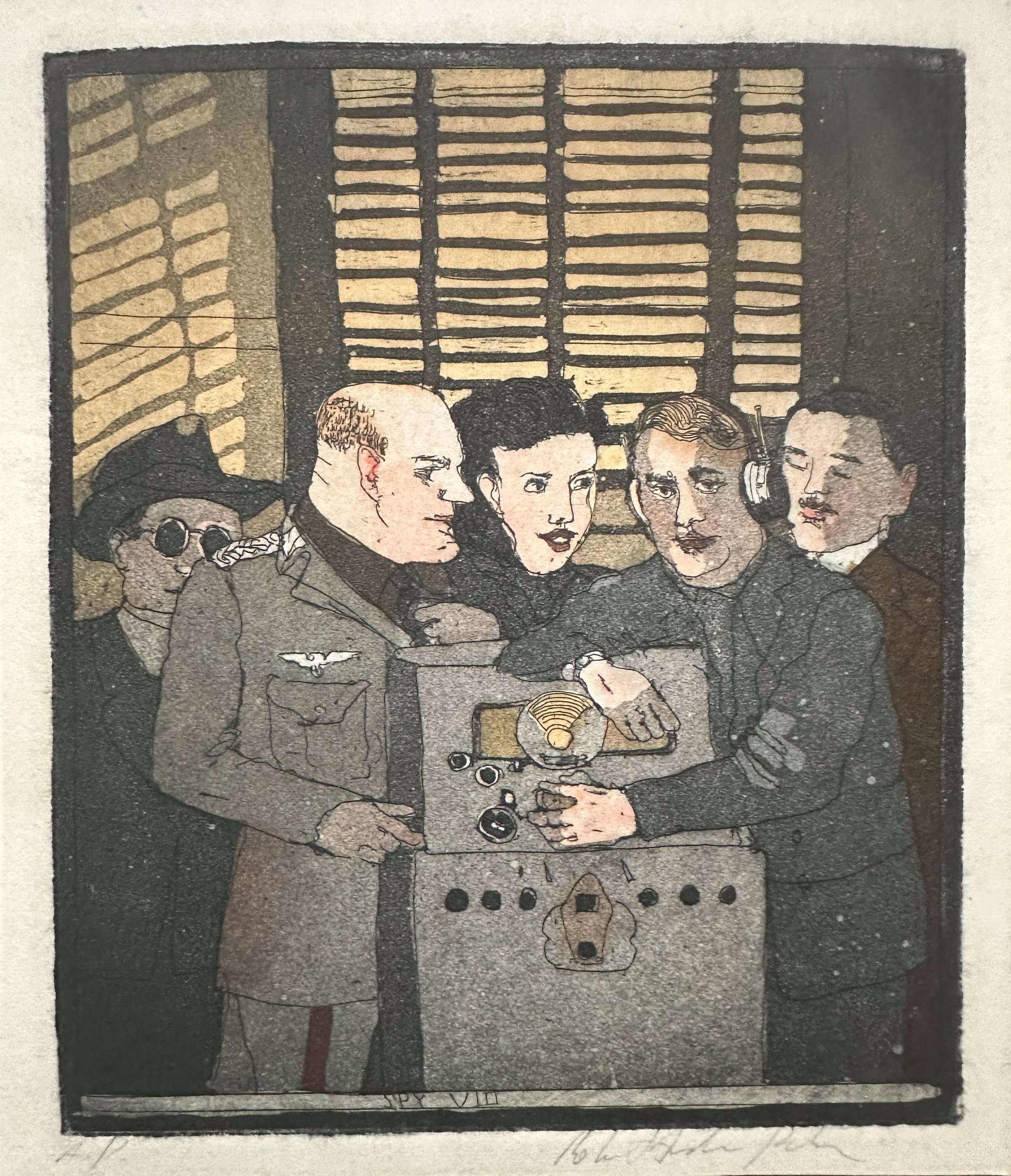Spy VIII - hand tinted monoprint - 6 1/2"H x 5 1/2"W 