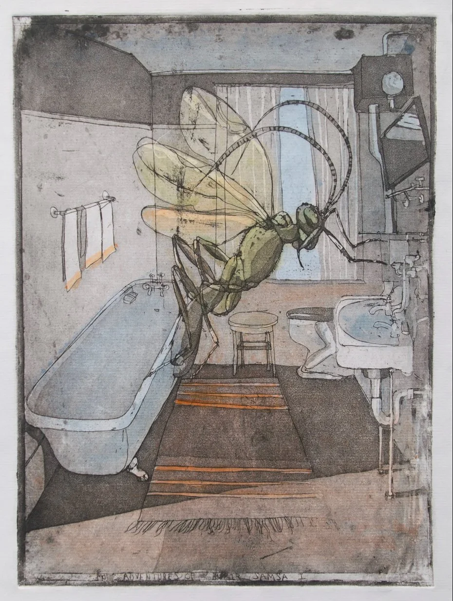 Adventures of Gregor Samsa I - hand tinted monoprint 