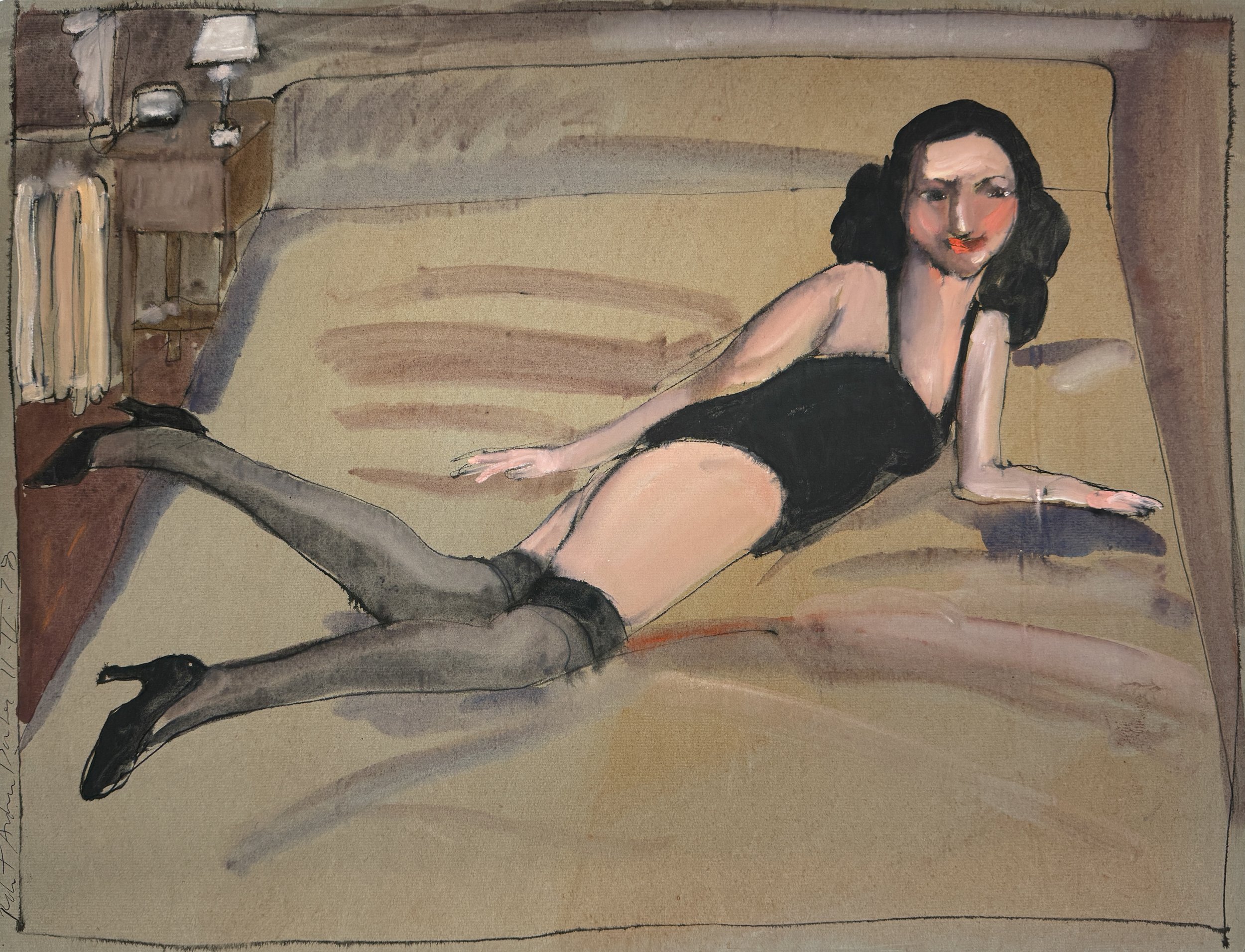 Pose on the Bed - acrylic on brown paper - 20"H x 25"W