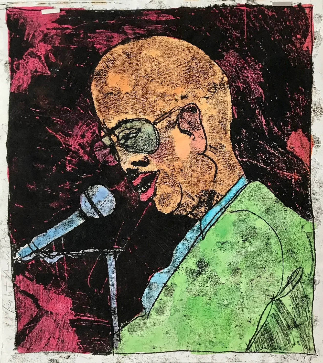 Booker T. Laury - hand tinted monotype - 15"H x 13 1/2"W