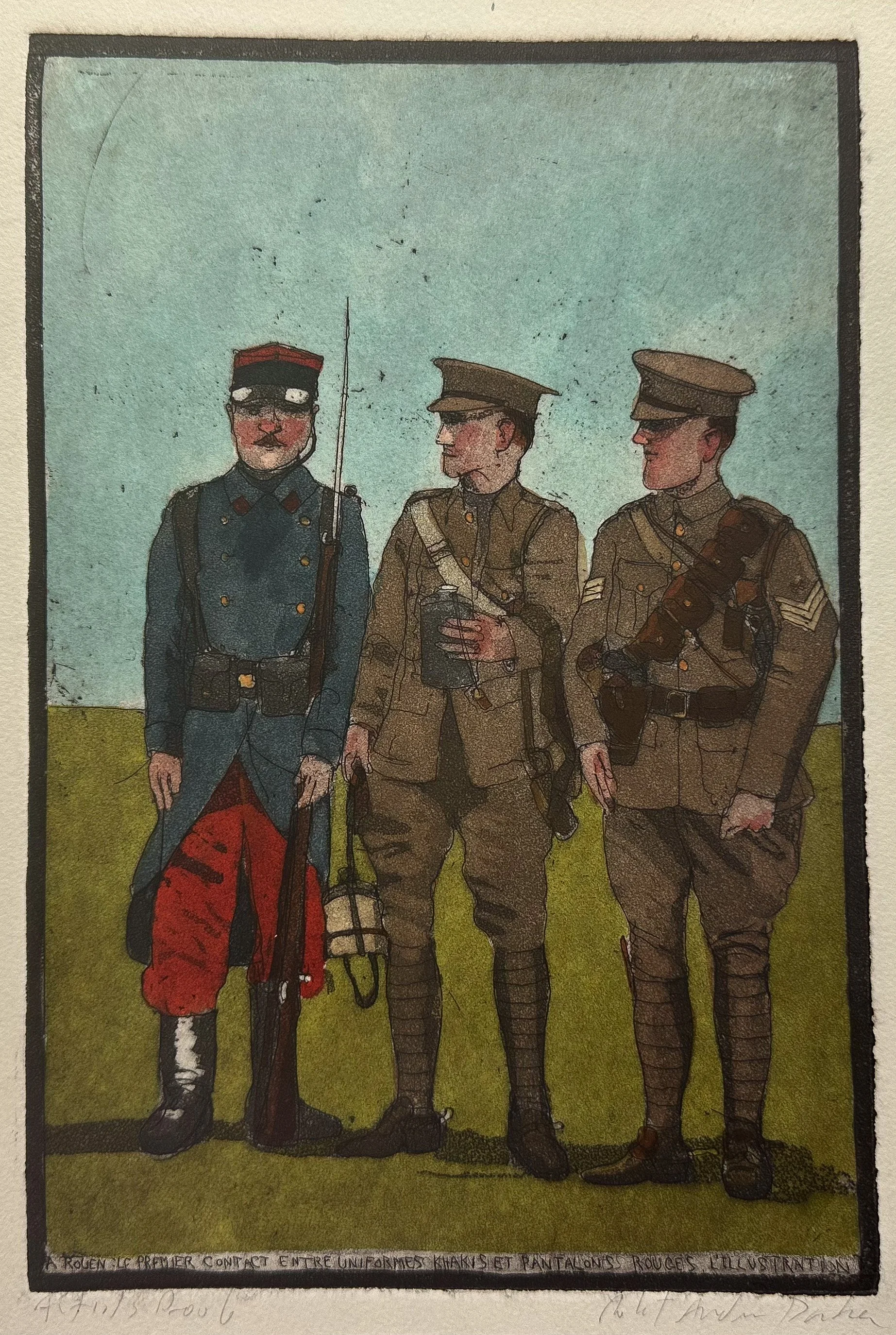 Les Pantalons a Rouen - hand tinted monoprint - 10"H x 6 1/2"W