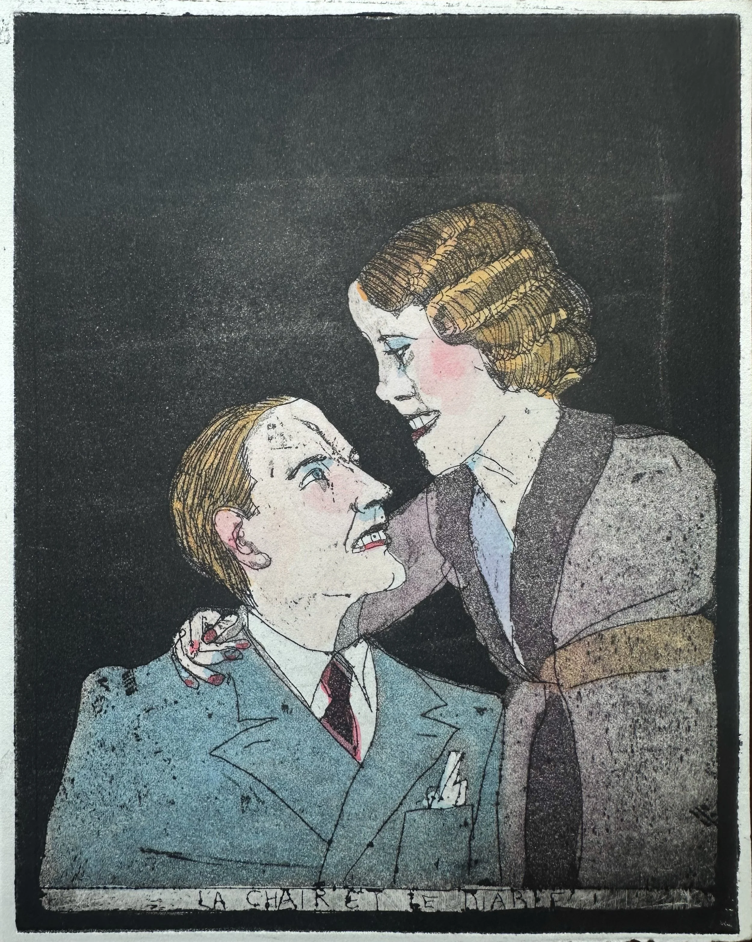 La Chair et le (Diaire) - hand tinted monoprint - 7 3/4"H x 6 1/4"W