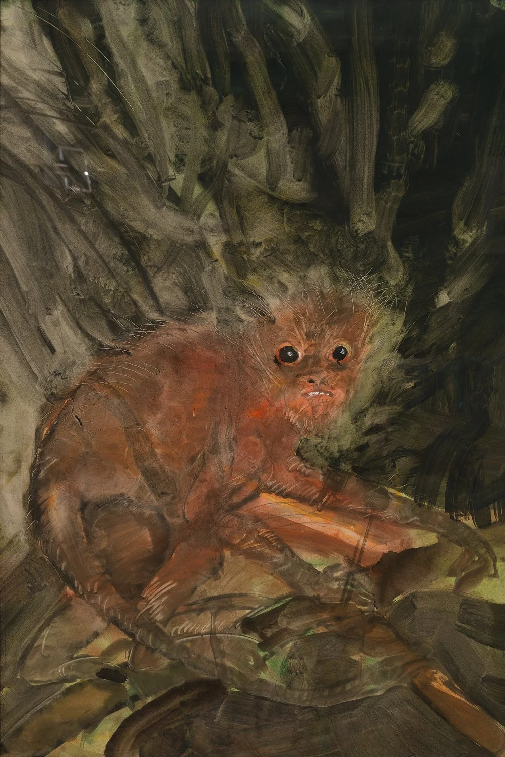 Monkey in Dark Forest - acrylic on paper - 44"H x 30"W