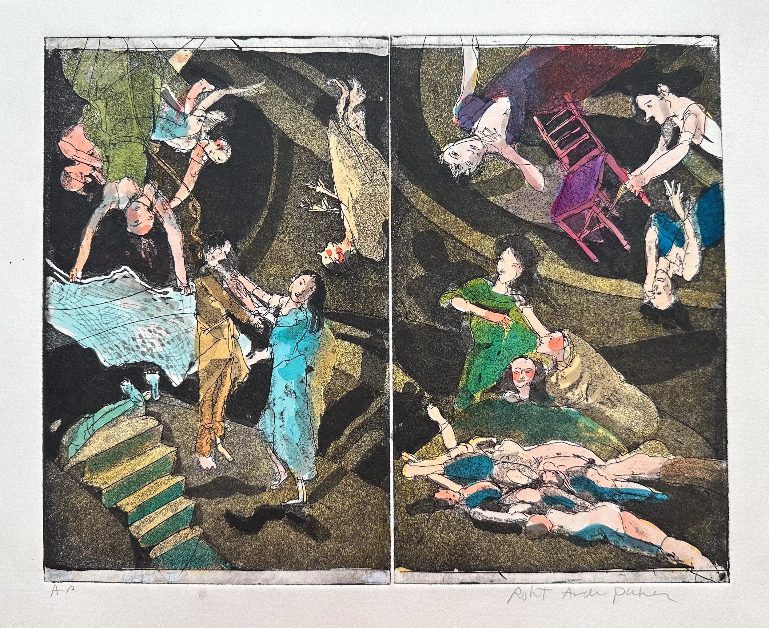 Bodies Everywhere - hand tinted monoprint - 12"H x 15"W - image 10"H x 12 1/2"W