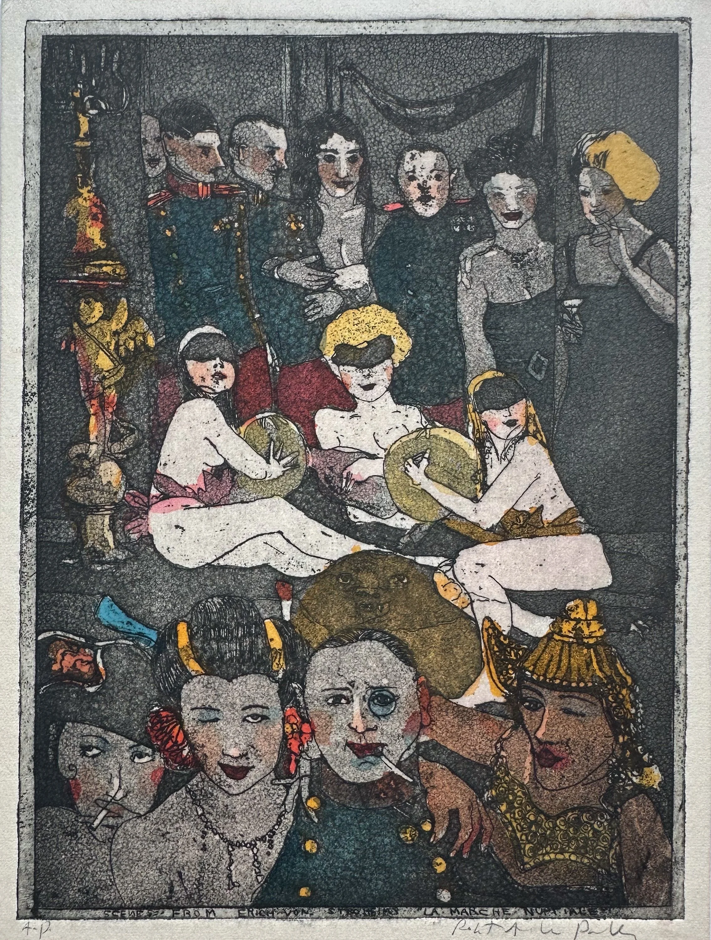 Erich von Stroheim, La Marche Nuptiale - hand tinted monoprint - 8 1/2"H x 6 1/2"W 