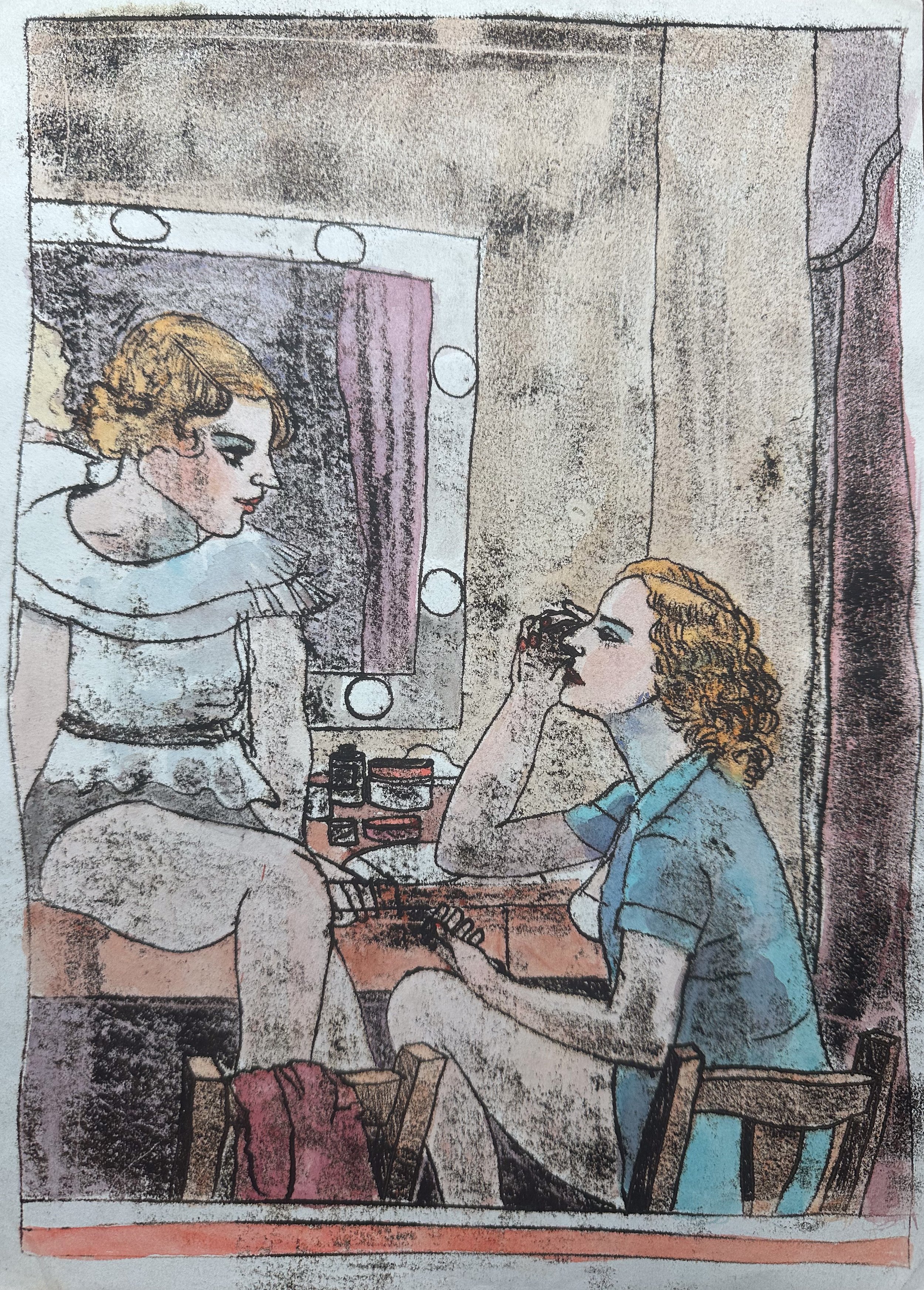 Backstage - hand tinted monotype - 12"H x 8 1/2"W