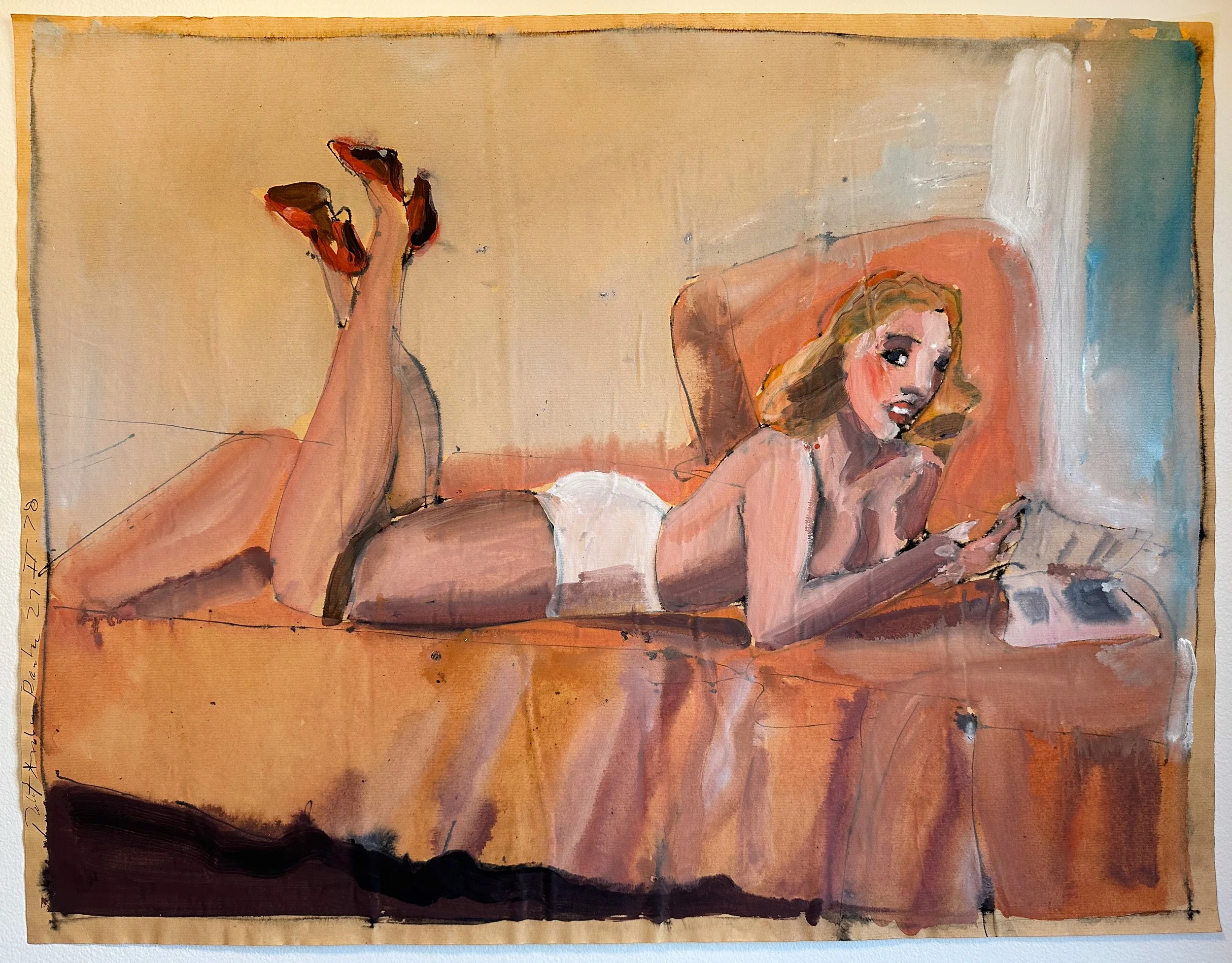 Topless in Red Heels - acrylic on brown paper - 19 1/2"H x 25 1/2"W