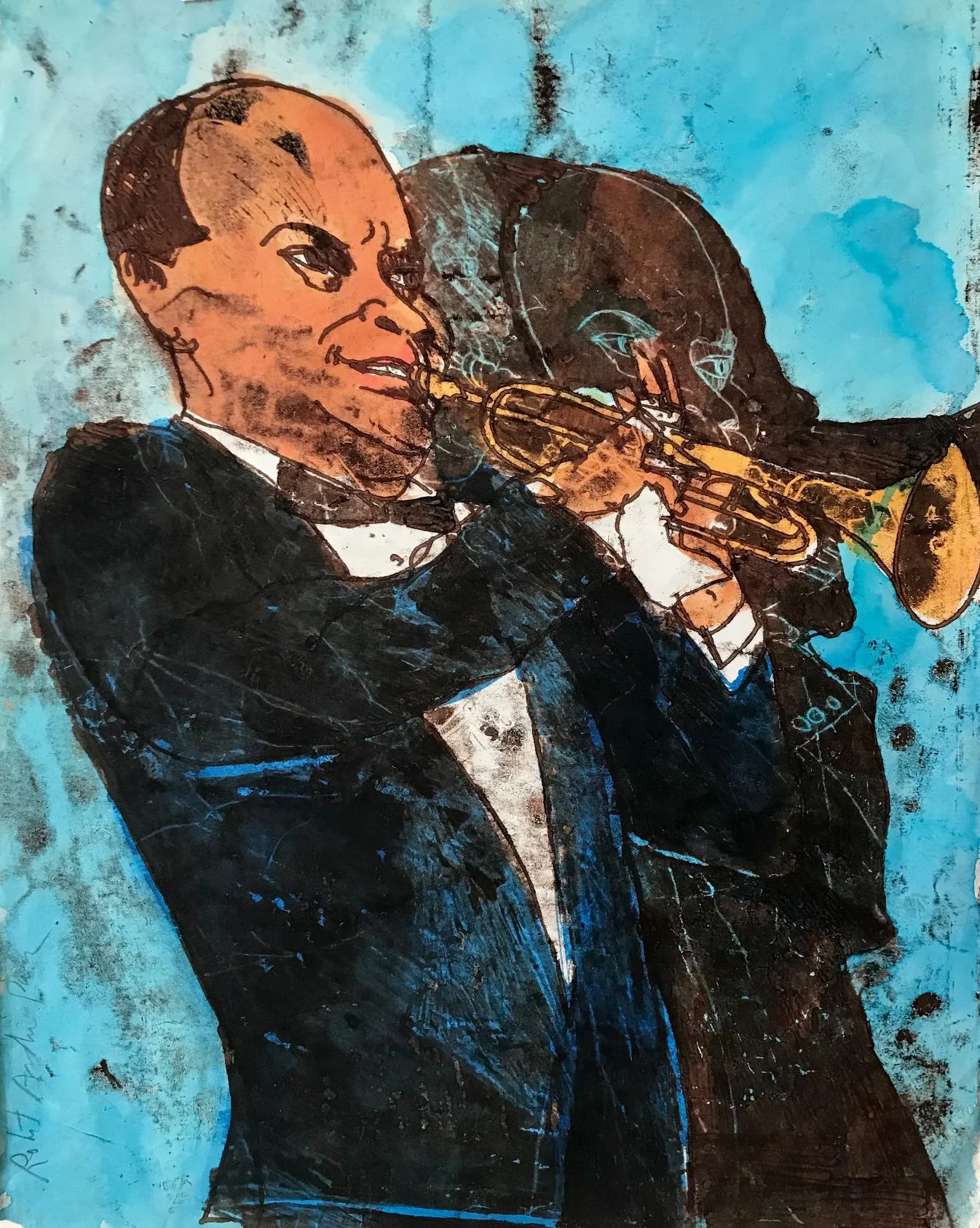 Louis Armstrong - hand tinted monotype - 21"H x 16 1/2"W