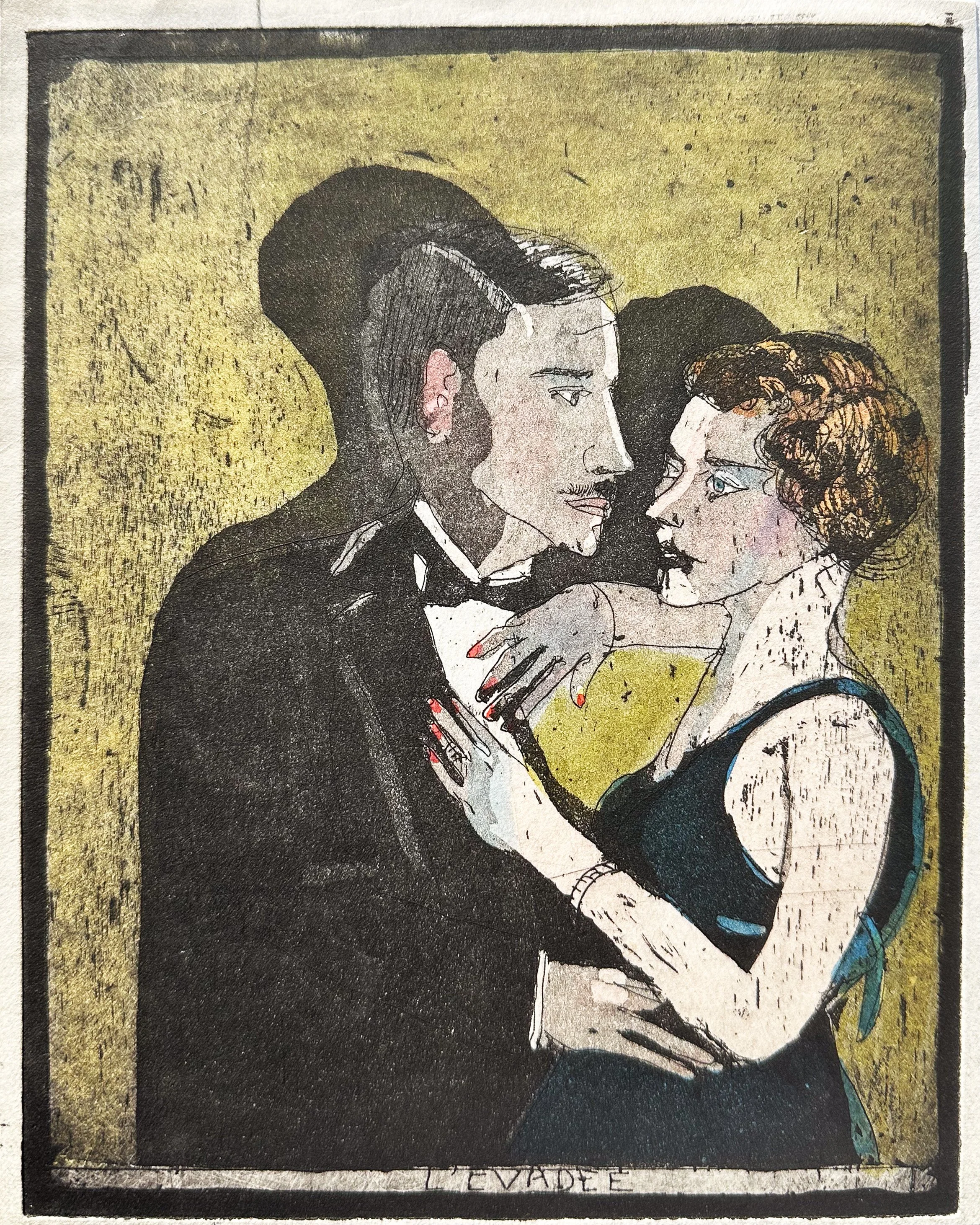 L'évadée - hand tinted monoprint - 8"H x 6 1/2"W