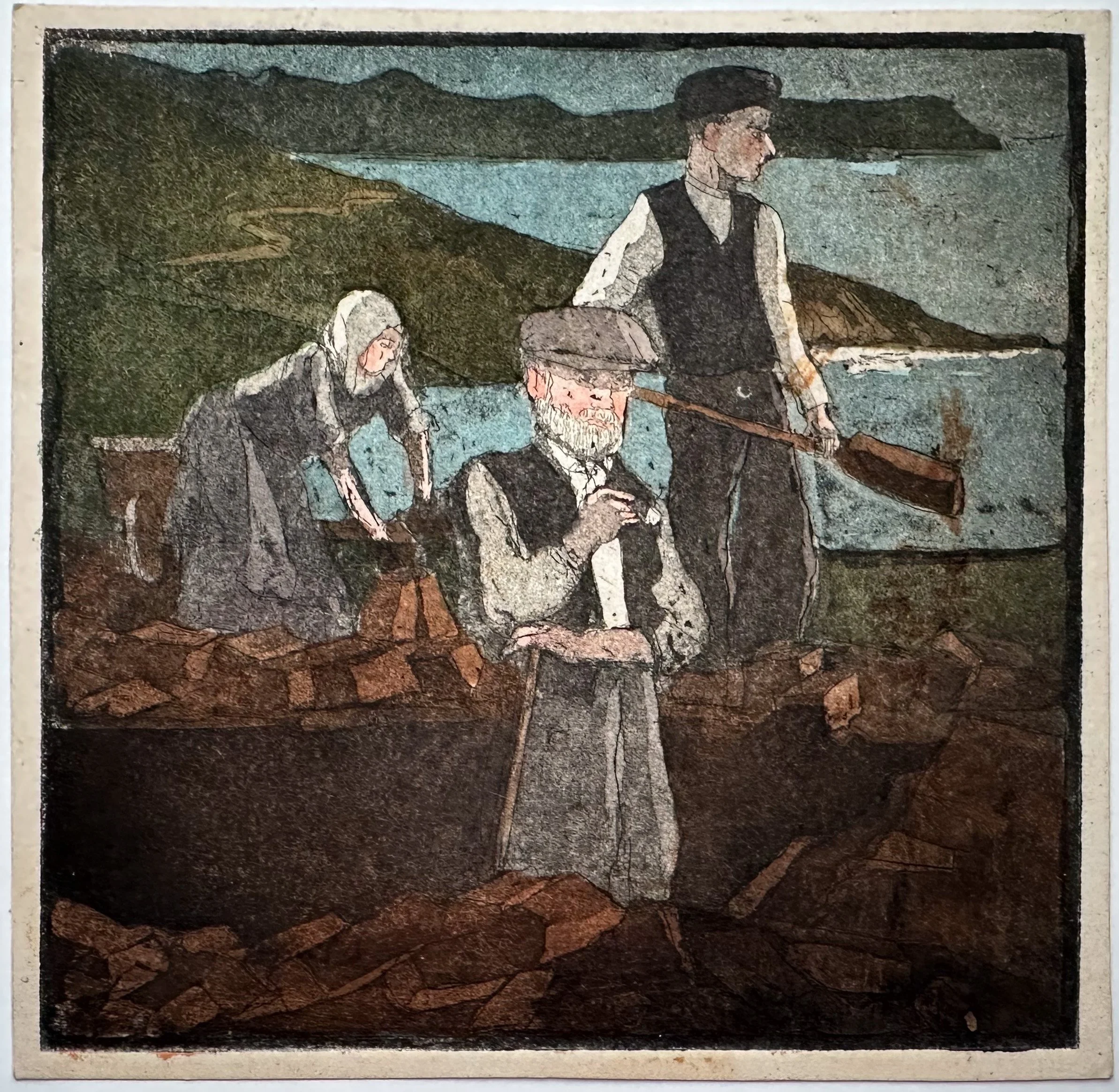 Digging Peat - hand tinted monoprint - 6"H x 6 1/4"W