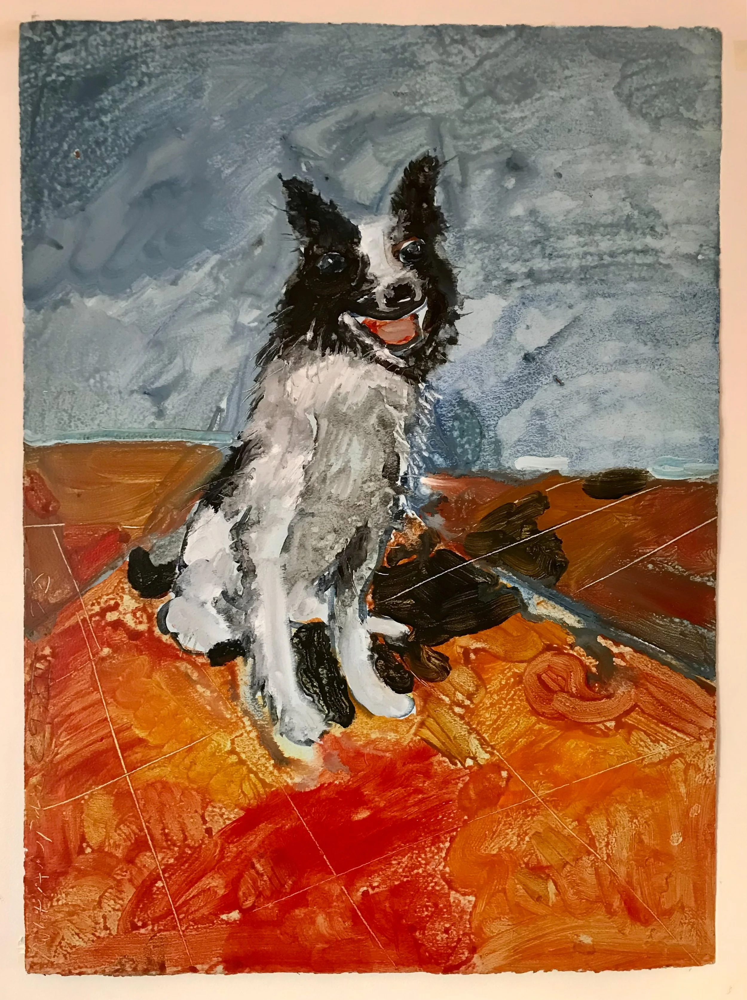Dog on Rug - acrylic on paper - 30"H x 22"W