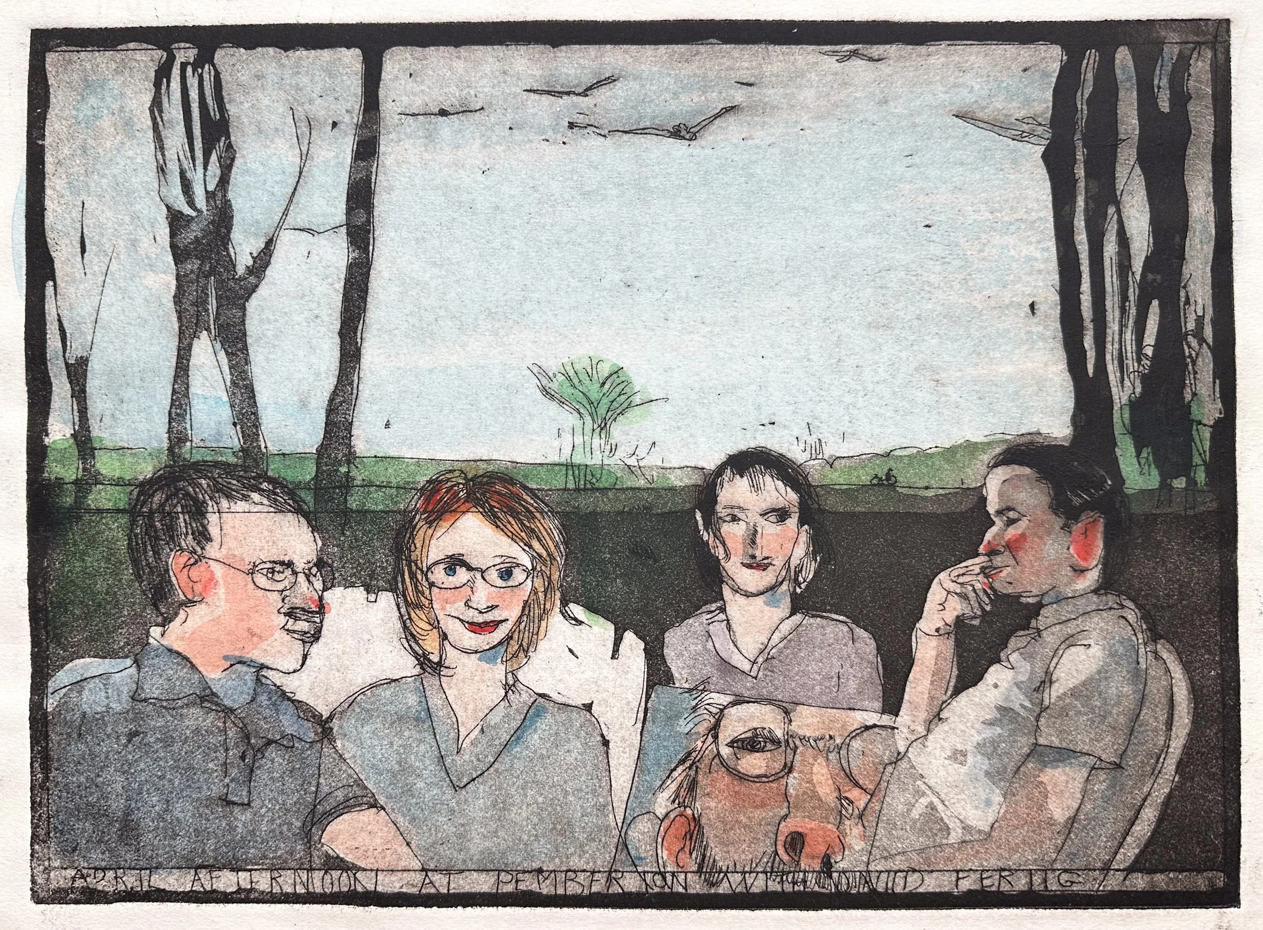 April Afternoon at Pemberton with David Fertig - hand tinted monoprint - 9 1/2"H x 12 1/2"W  