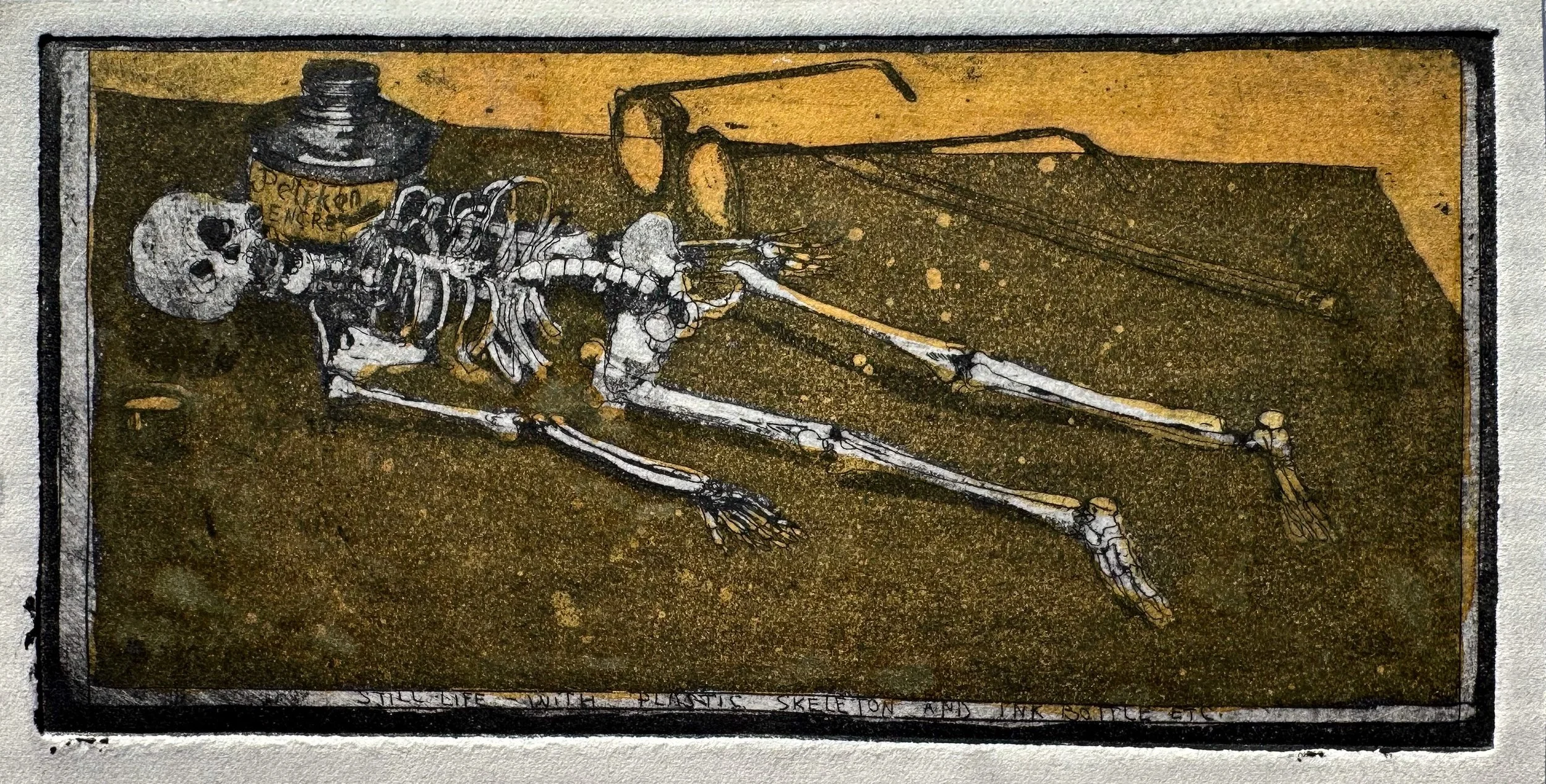 Still Life with Plastic Skeleton and Ink Bottle, etc. - hand tinted monoprint - 4 1/4"H x 8 1/4"W