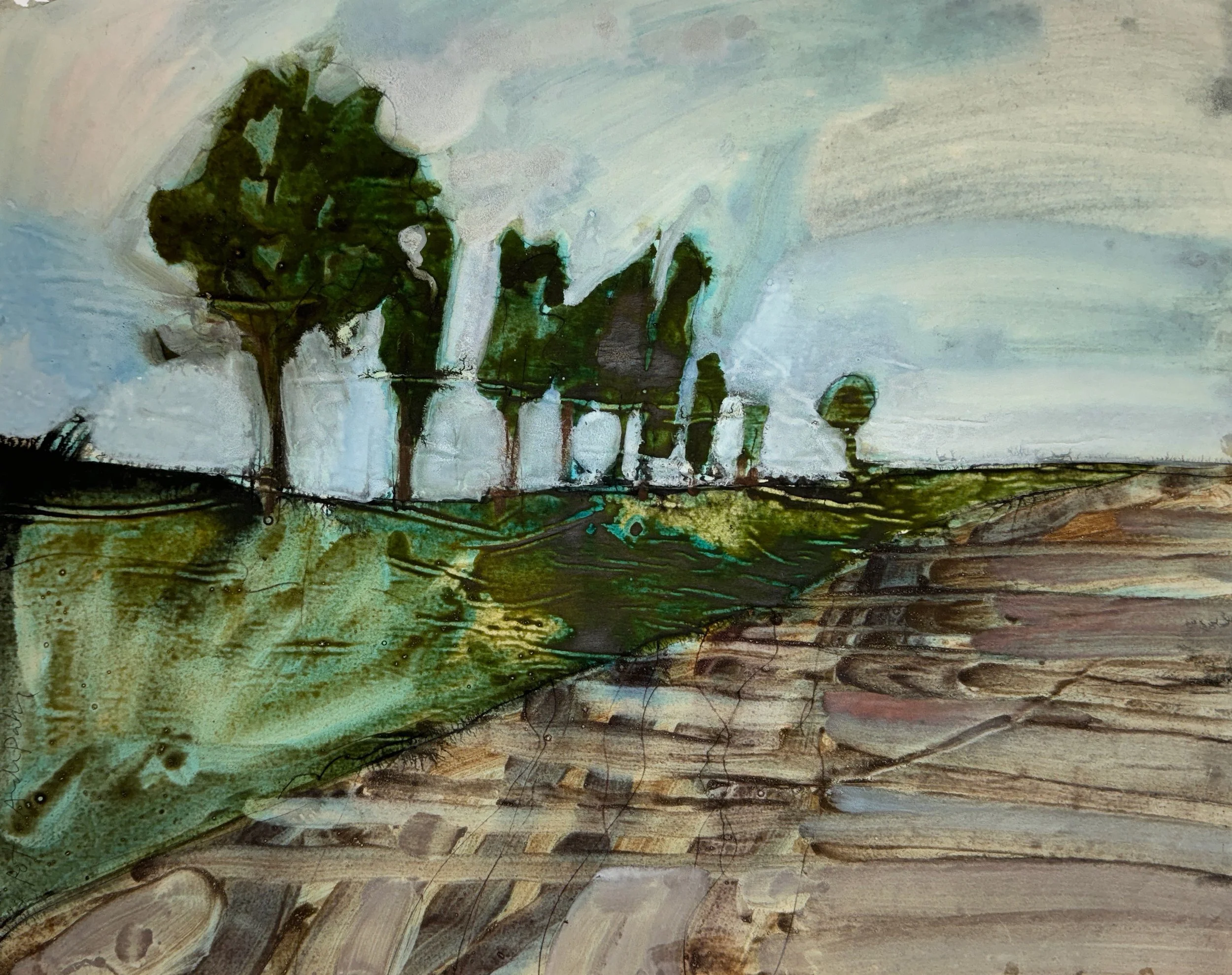 Mediterranean Tree Line - watercolor on paper - 18"H x 21"W