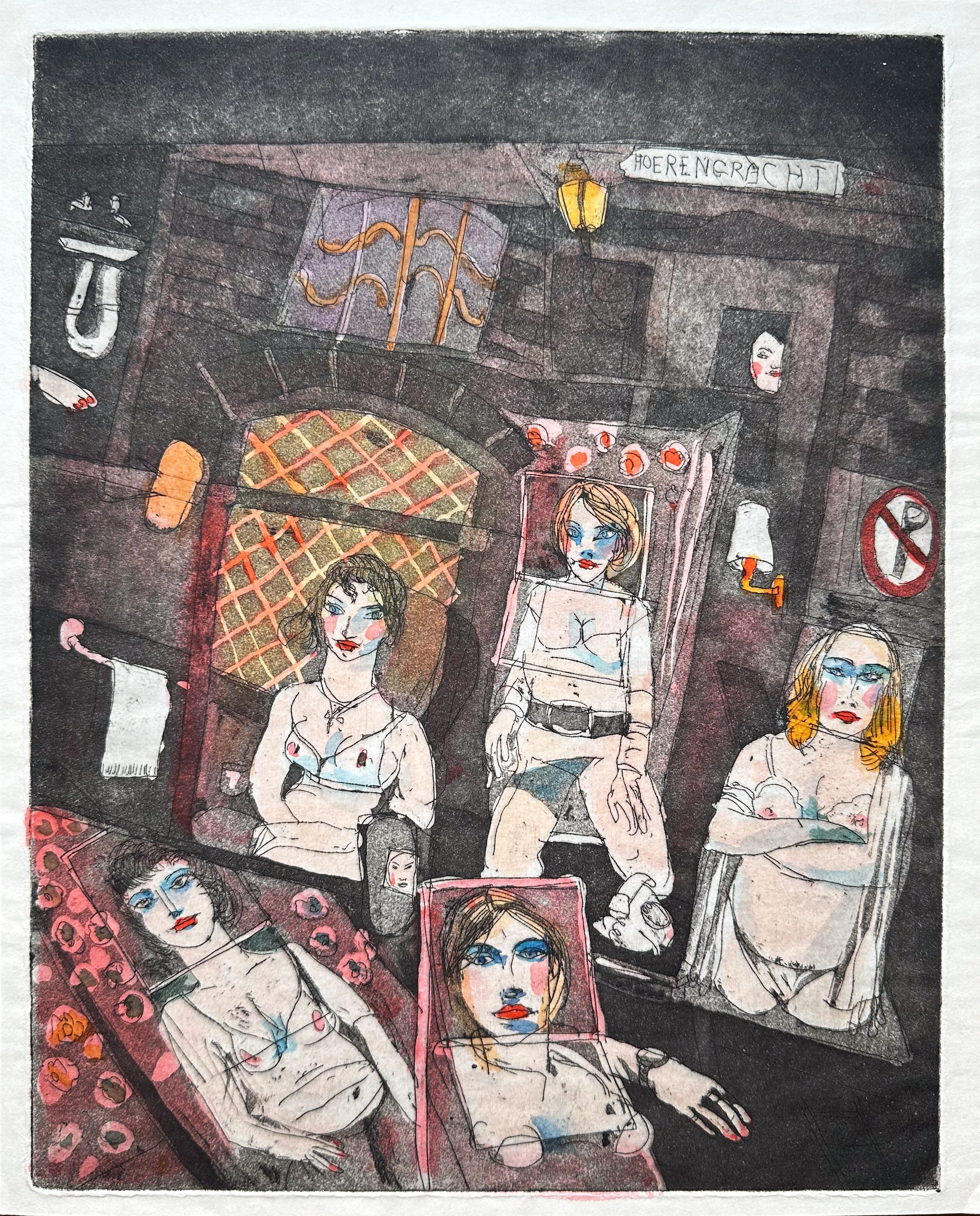 Hoerengracht - hand tinted monoprint - 12"H x 9 1/2"W