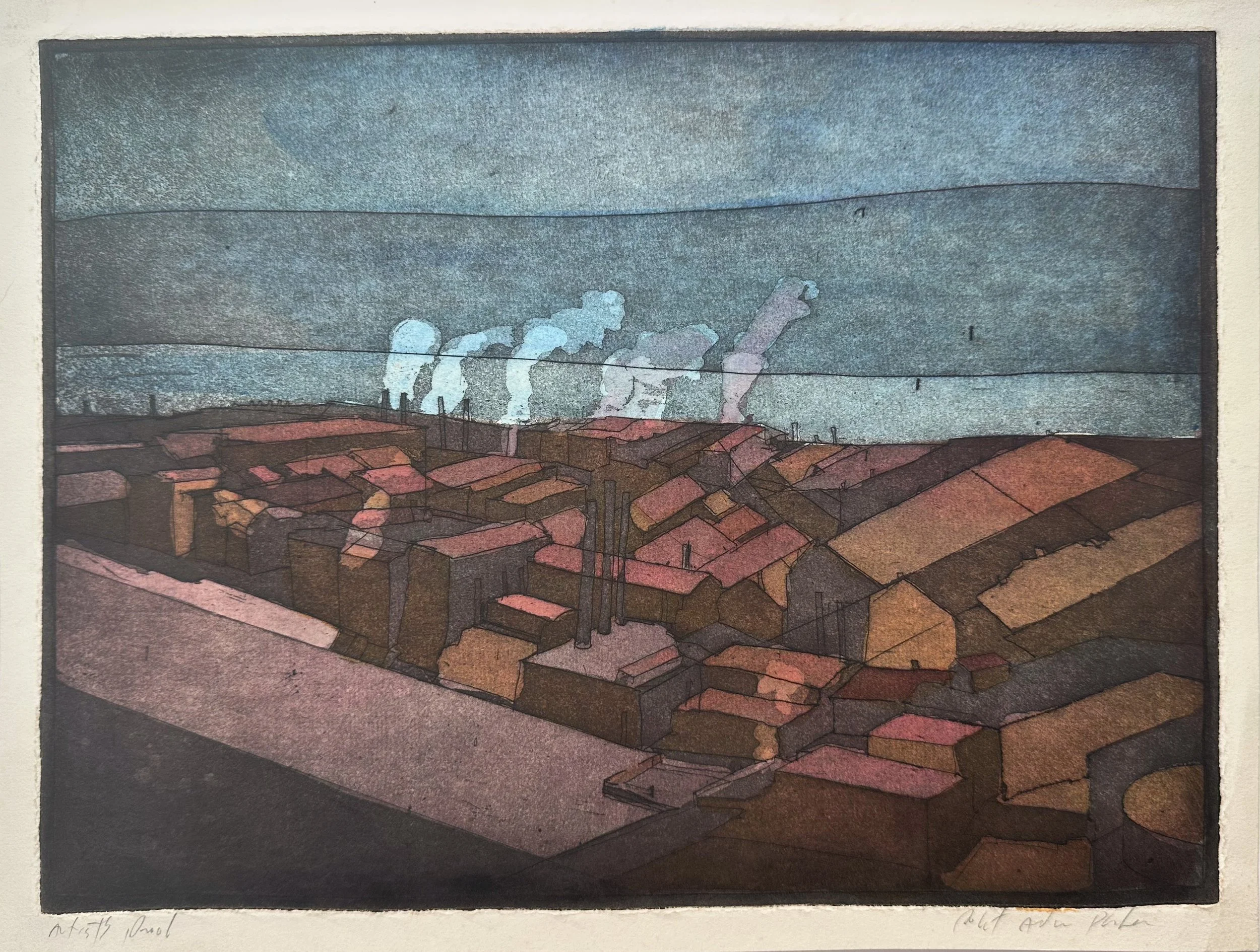 Another Factory Town - monoprint on paper - 9 3/4"H x 12 3/4"W