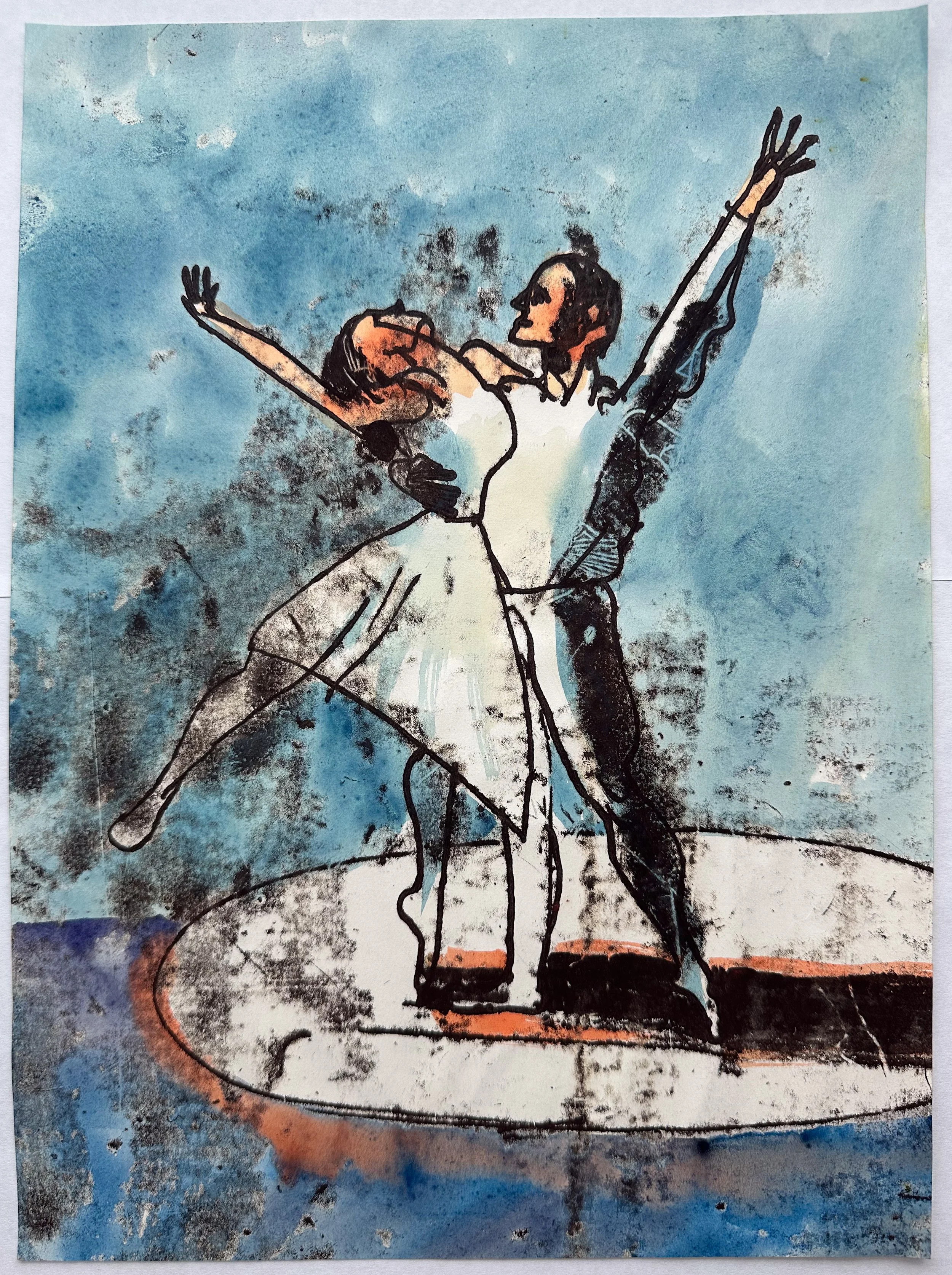 Dancers Take the Stage - monotype on paper - 13 1/4"H x 9 1/2"W