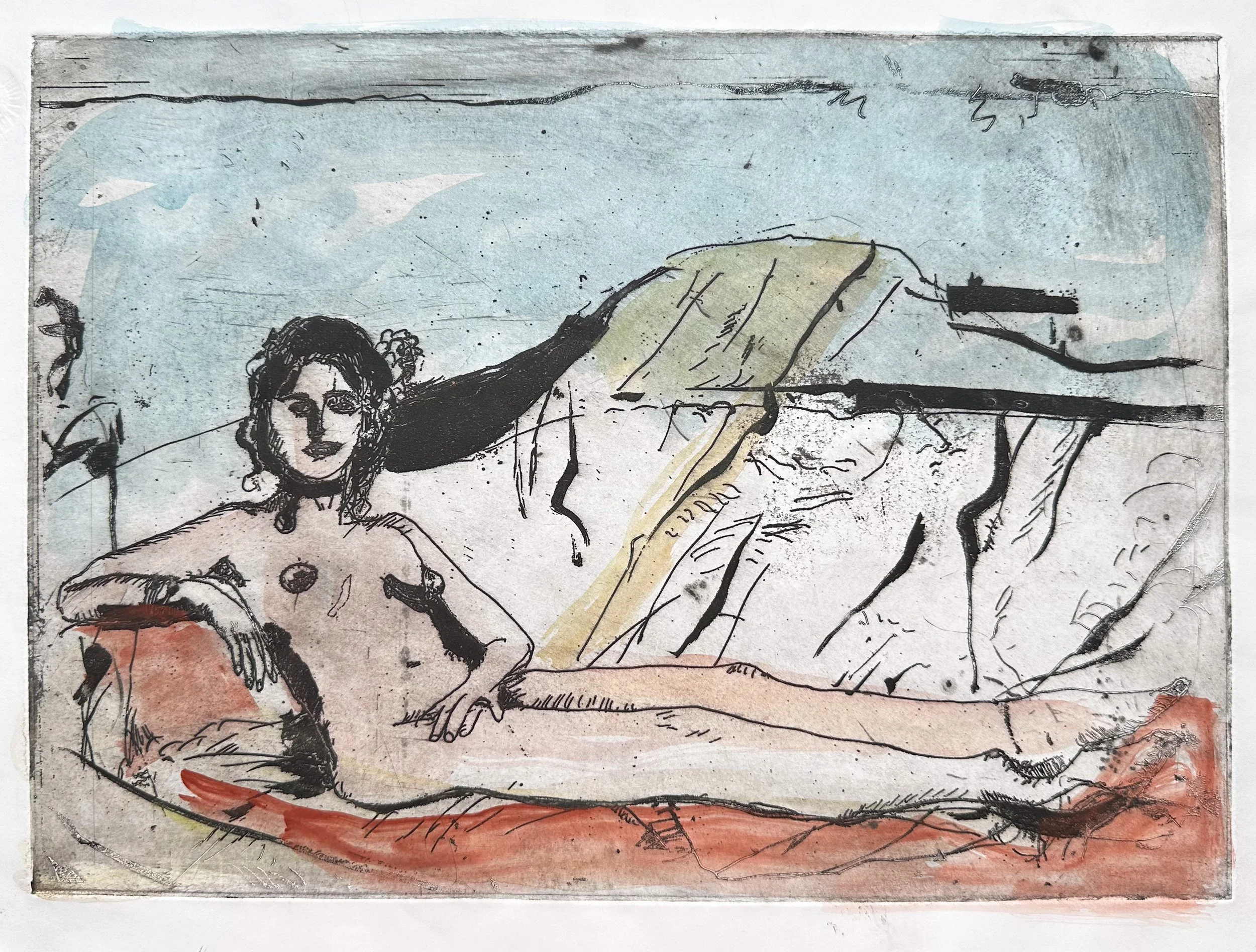 Lovely Lounger - hand tinted monoprint - 10 1/2"H x 14 1/4"W