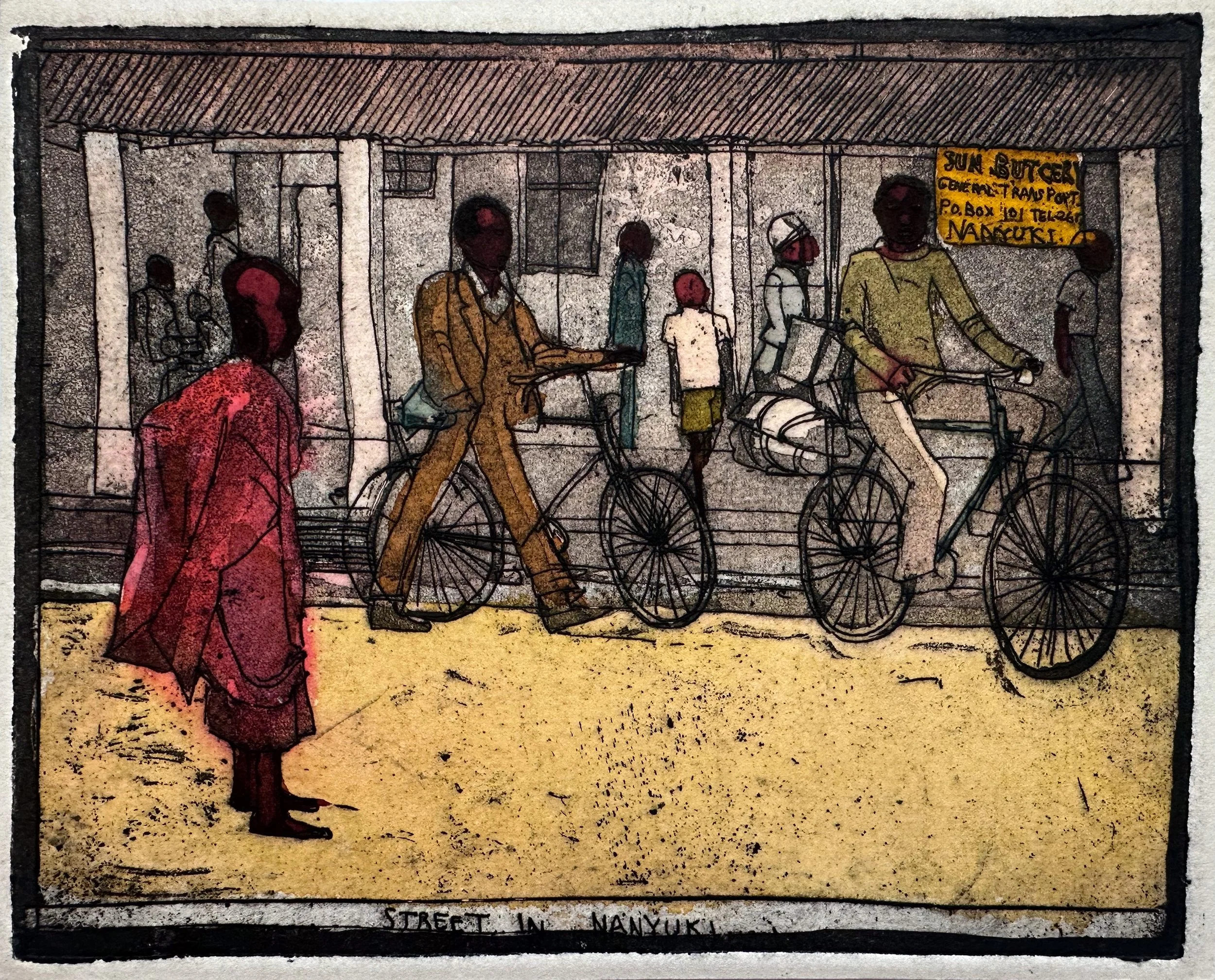 Street in Nanyuki -  hand tinted monoprint - 6"H x 7 1/2"W 