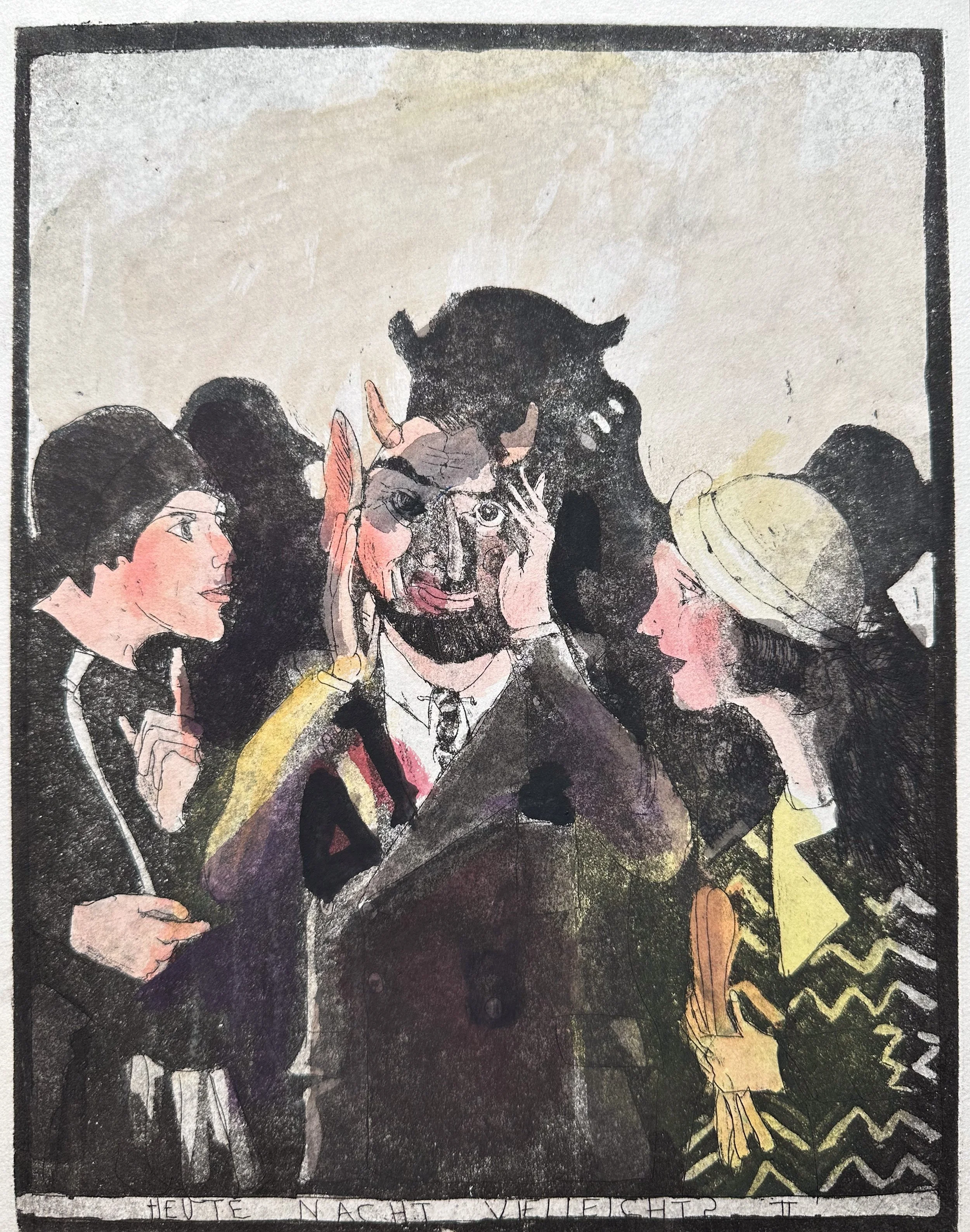 Heute Nacht Vielleicht? (Maybe Tonight?) II - hand tinted monoprint - 11 1/2"H x 9"W