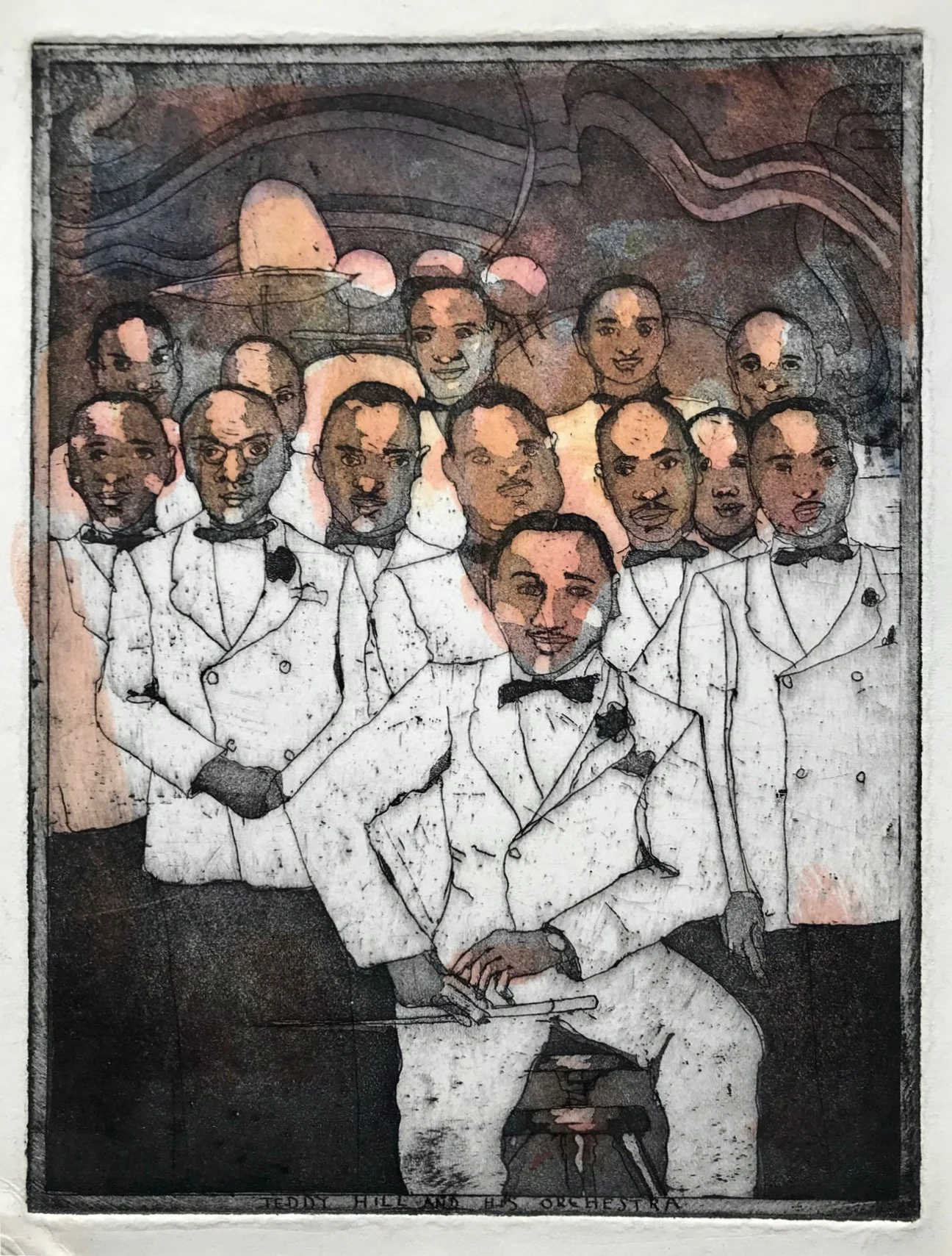 Teddy Hill and His Orchestra - hand tinted monoprint - 10"H x 7"W