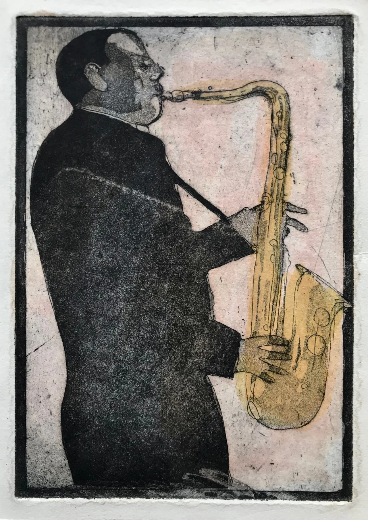 Saxophonist - hand tinted monoprint - 10"H x 6"W