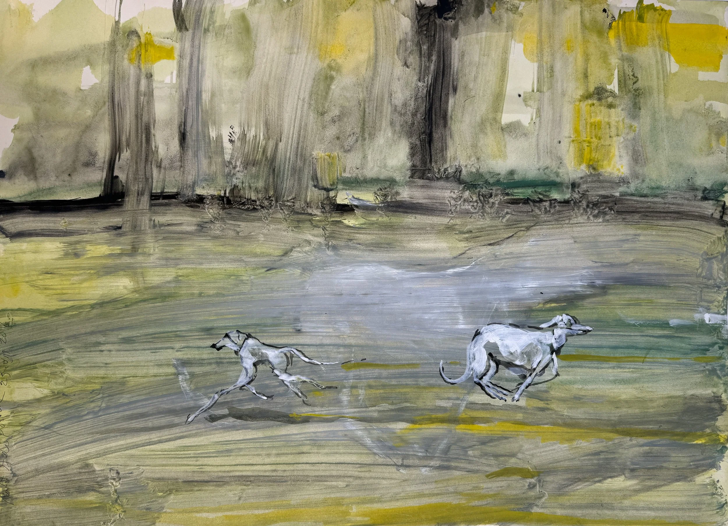 LA Whippets II - watercolor on paper - 20"H x 30"W