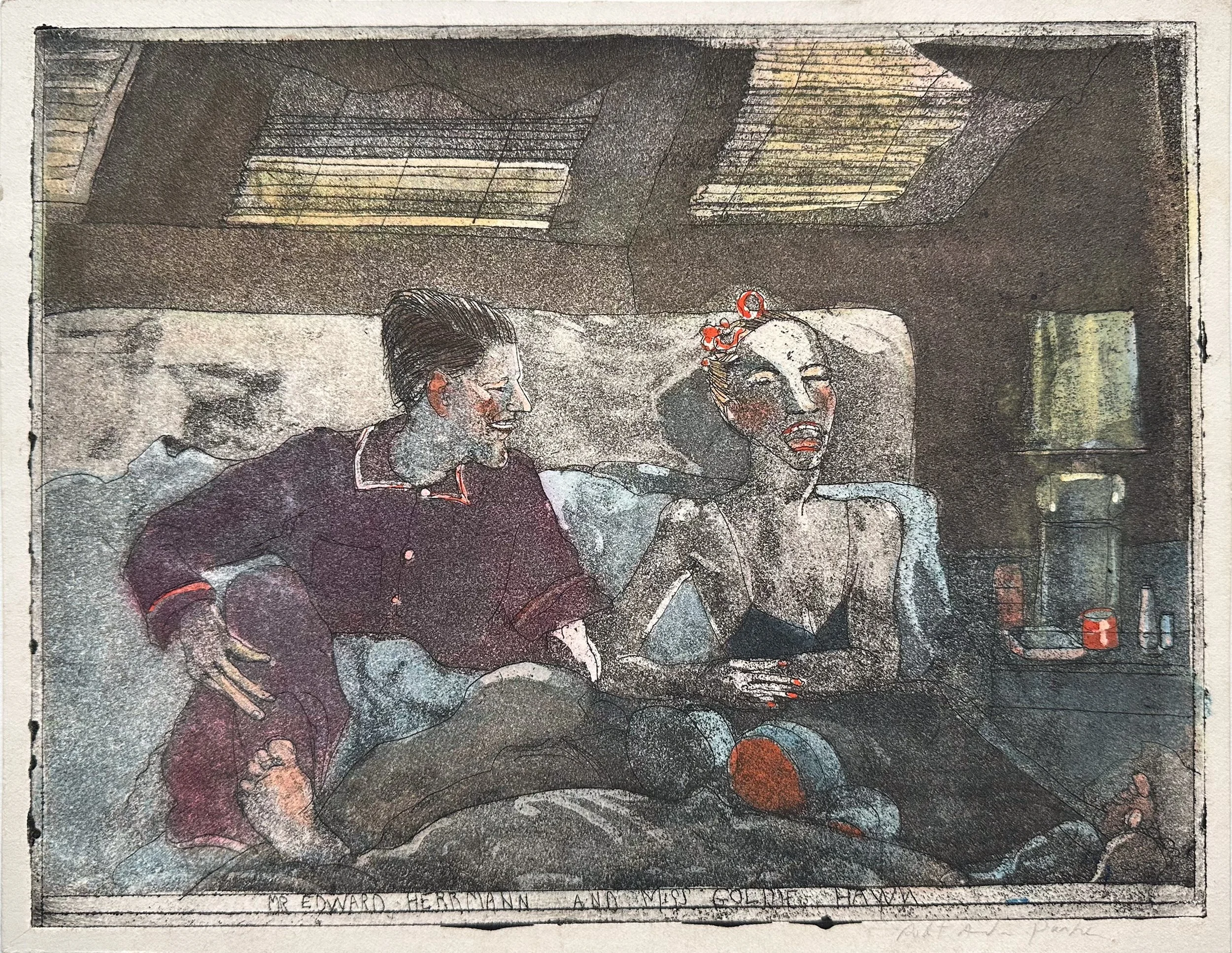 Edward Hermann and Miss Goldie Hawn - hand tinted monoprint - 9 1/2"H x 12 1/2"W 