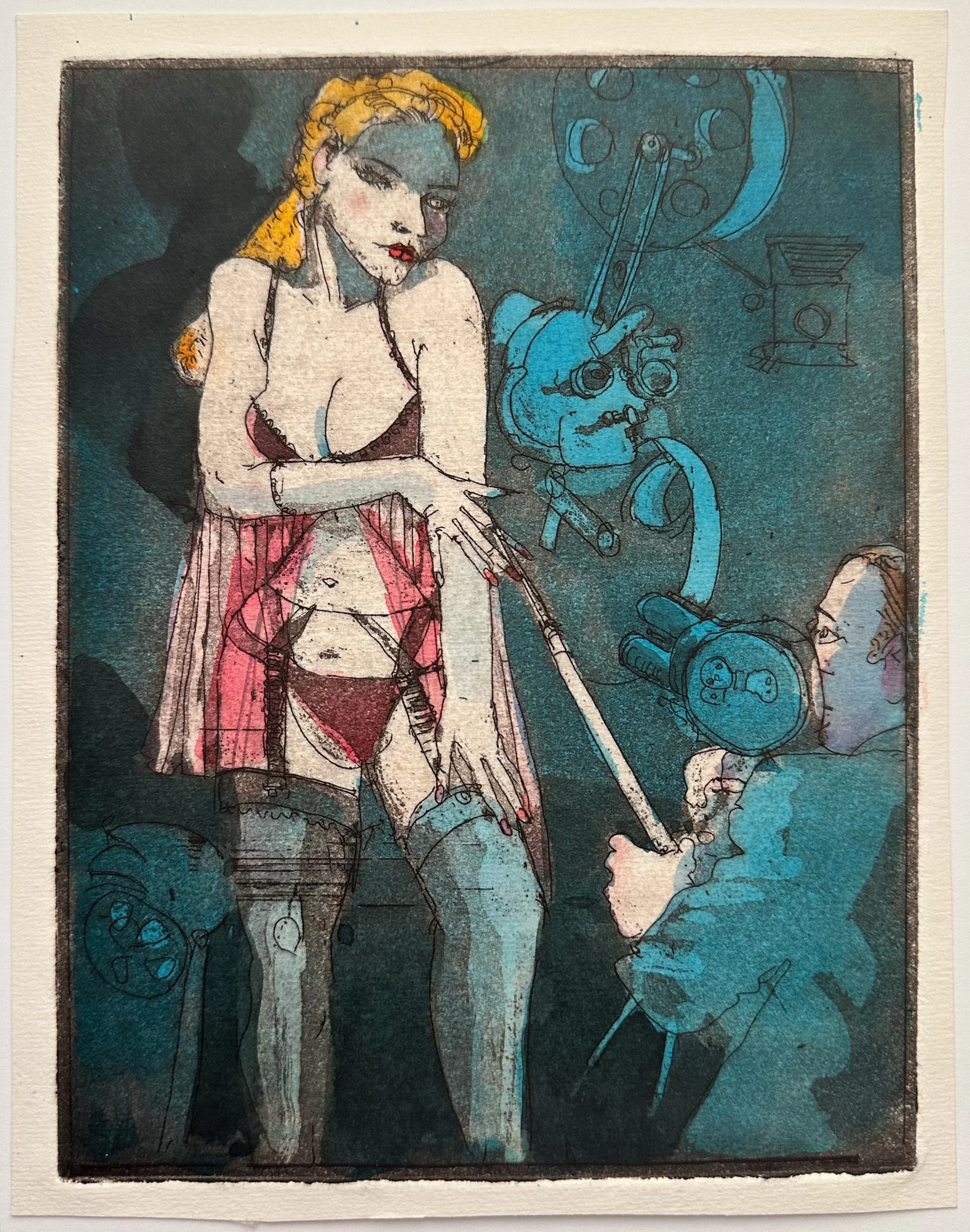 Woman in Teddy on Film - hand tinted monoprint - 8 1/2"H x 6 1/2"W