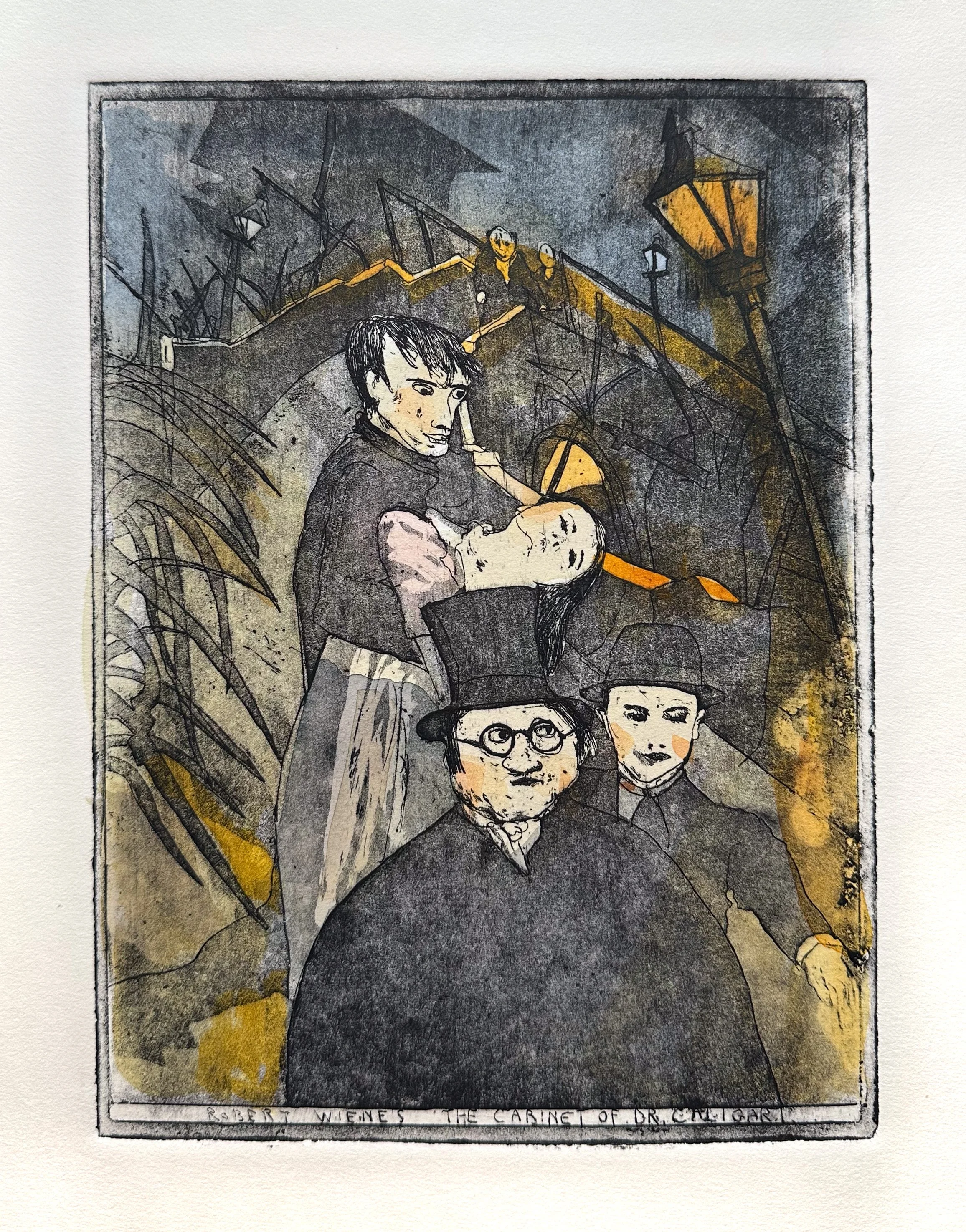Robert Wiene's The Cabinet of Dr. Caligari - hand tinted monoprint - 8 1/2"H x 6 1/4"W