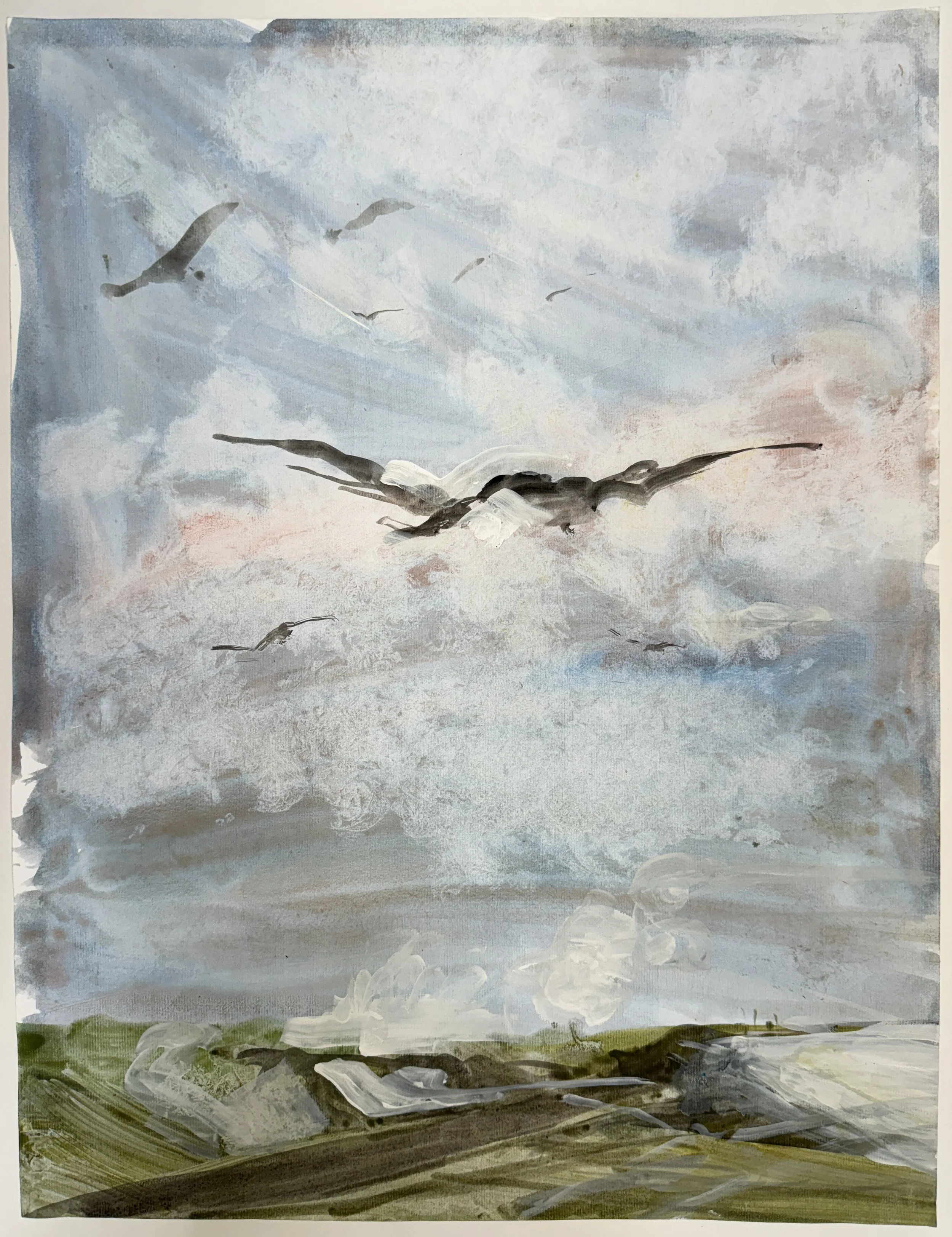 Birds Fly Over Field - watercolor on paper - 26"H x 18"W
