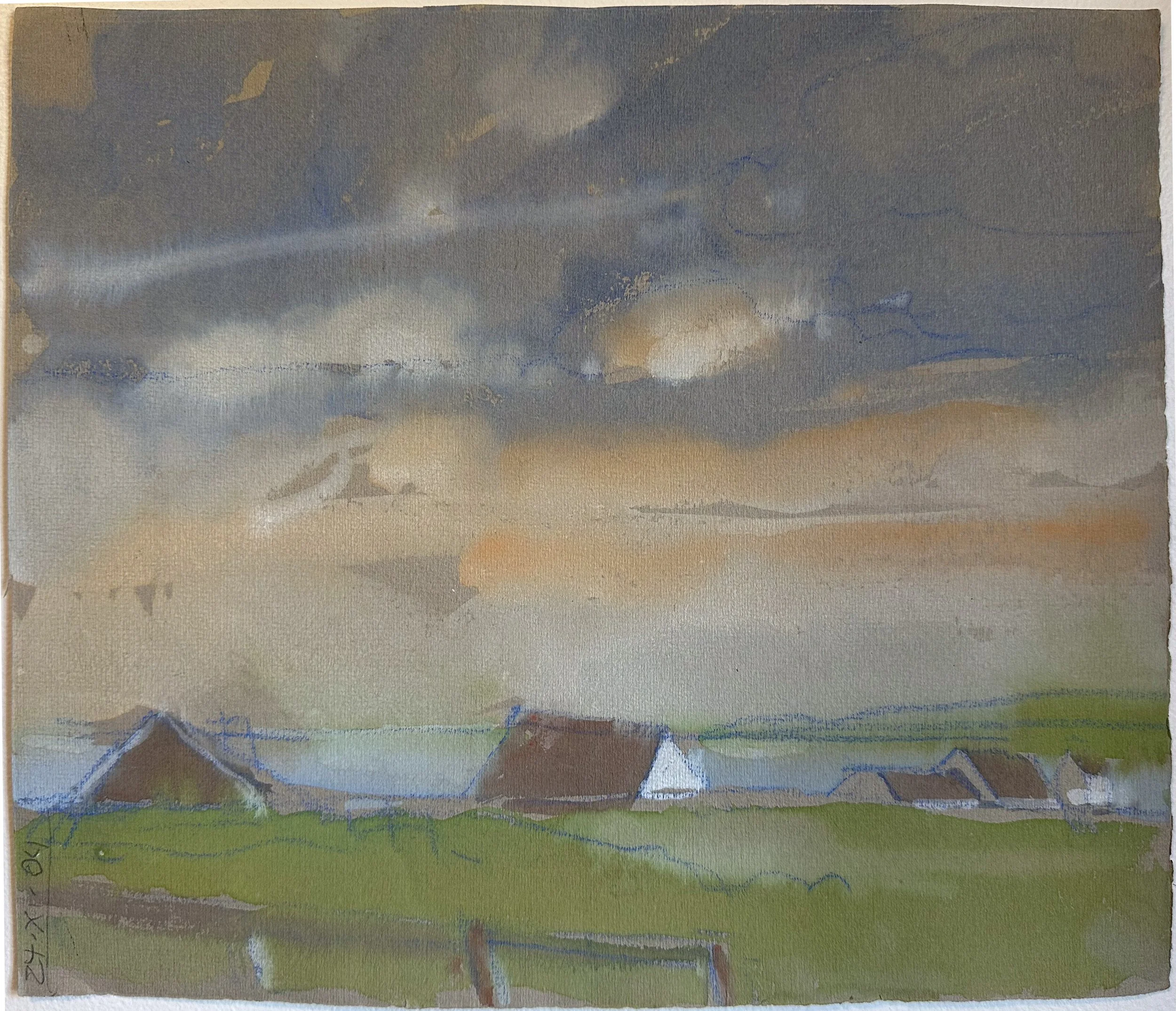 Roof Tops in a Field - watercolor on paper - 15 1/5H x 12 1/2"W