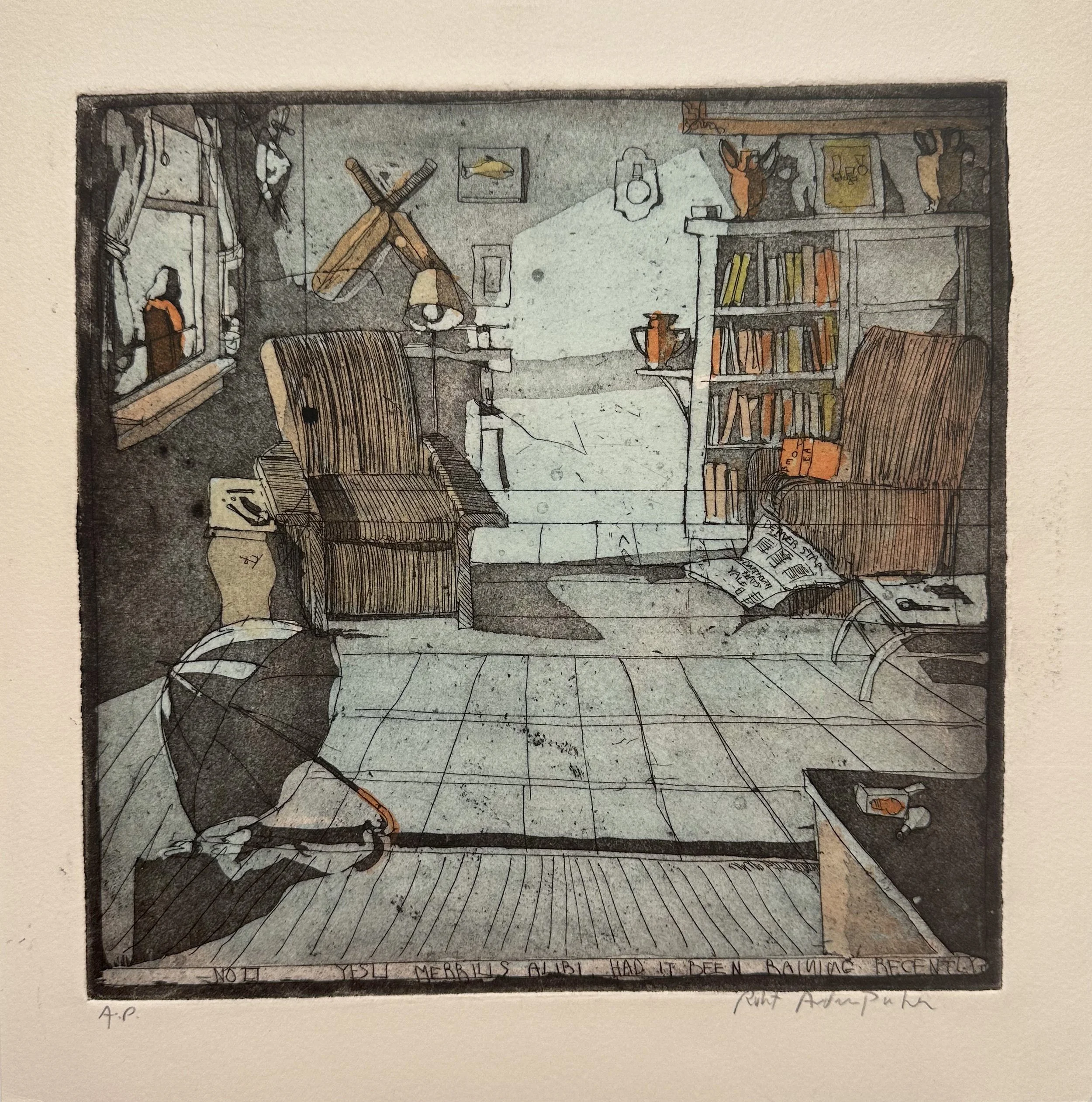 Merrill's Alibi - hand tinted monoprint - 11"H x 10 3/4"W