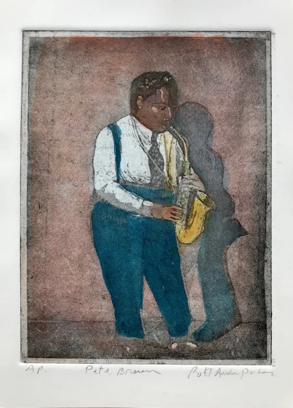 Pete Brown - hand tinted monoprint - 10"H x 7"W